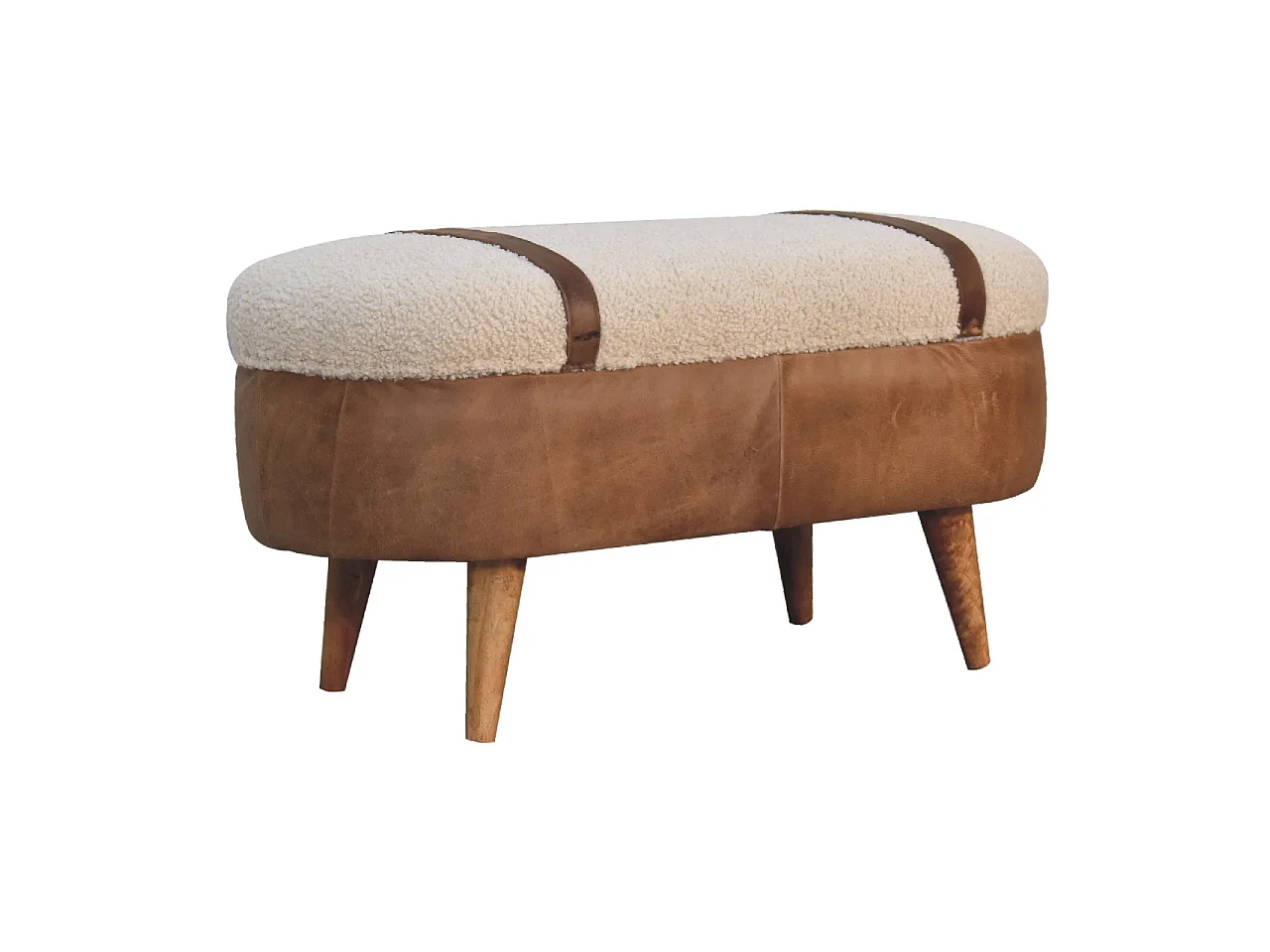 Artisan Furniture Solid Wood Tan Buffalo Boucle Nordic Bench, Upholstered, 1 Storage Box, Brown & Cream