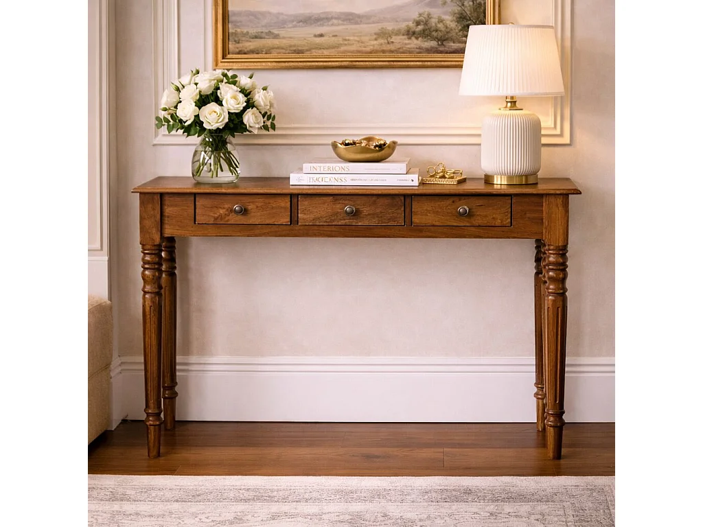 Artisan Furniture Solid Wood Three Drawer Console with Turned Legs, Brown