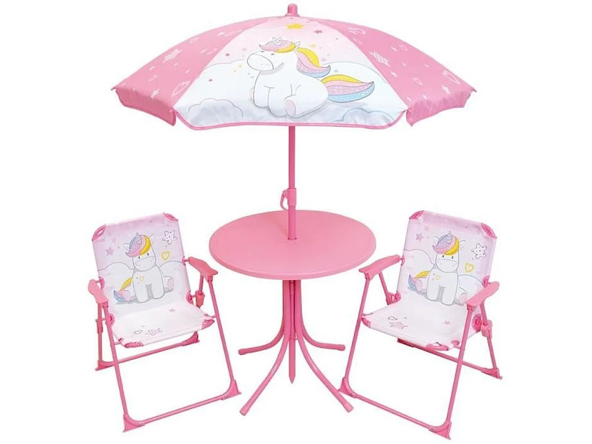 FUN HOUSE Ensemble de jardin pour enfants Licorne — Table, 2 chaises pliantes et parasol (Multicolore)