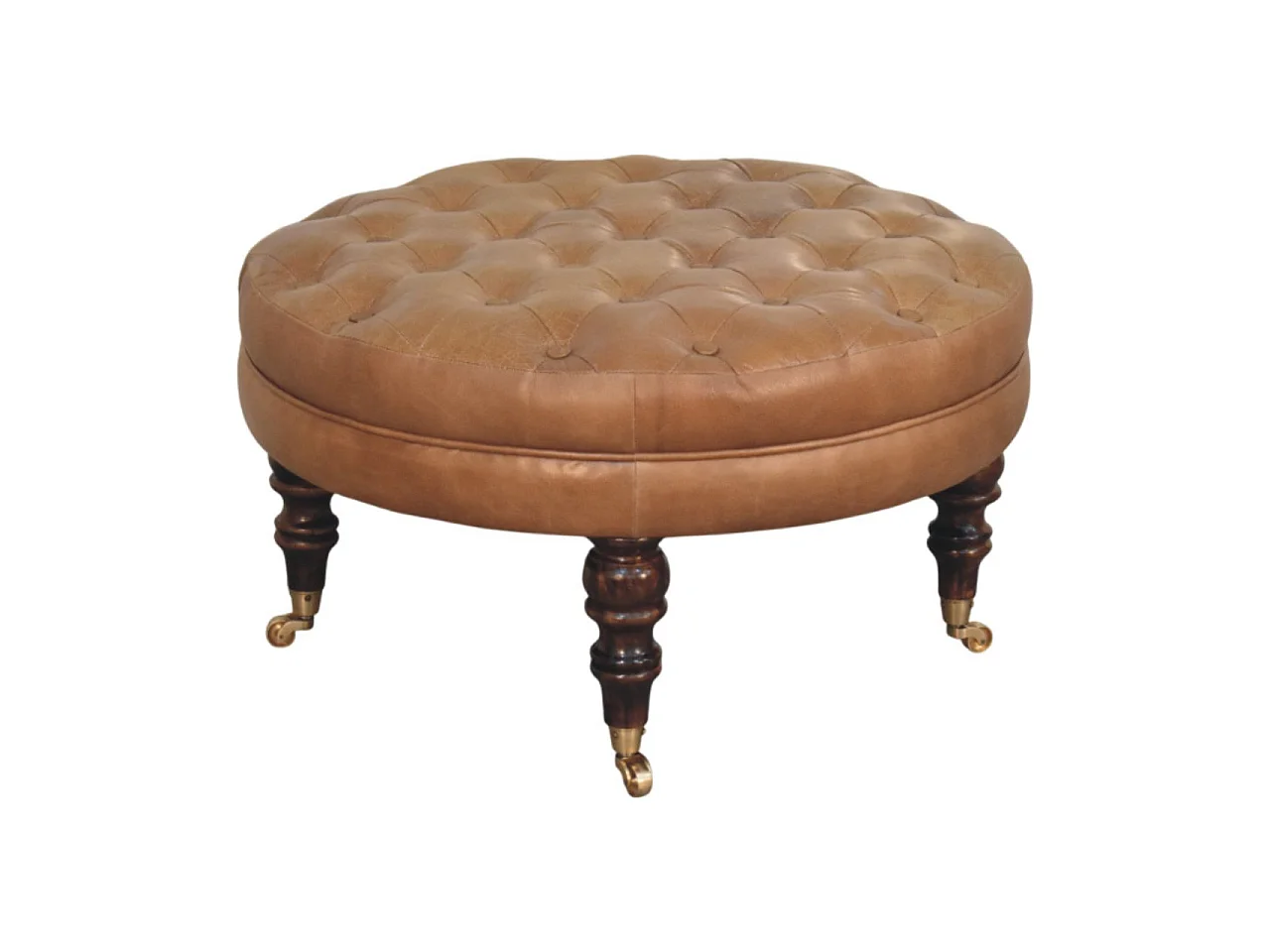 Artisan Furniture Solid Wood Brown Buffalo Leather Round Ottoman with Castor Legs, Upholstered, Brown