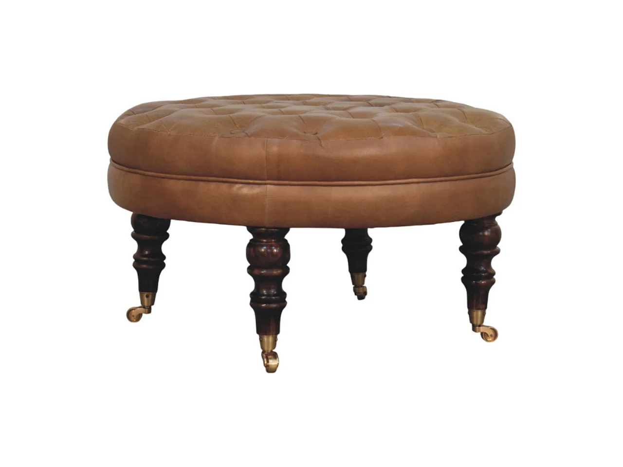 Artisan Furniture Solid Wood Brown Buffalo Leather Round Ottoman with Castor Legs, Upholstered, Brown