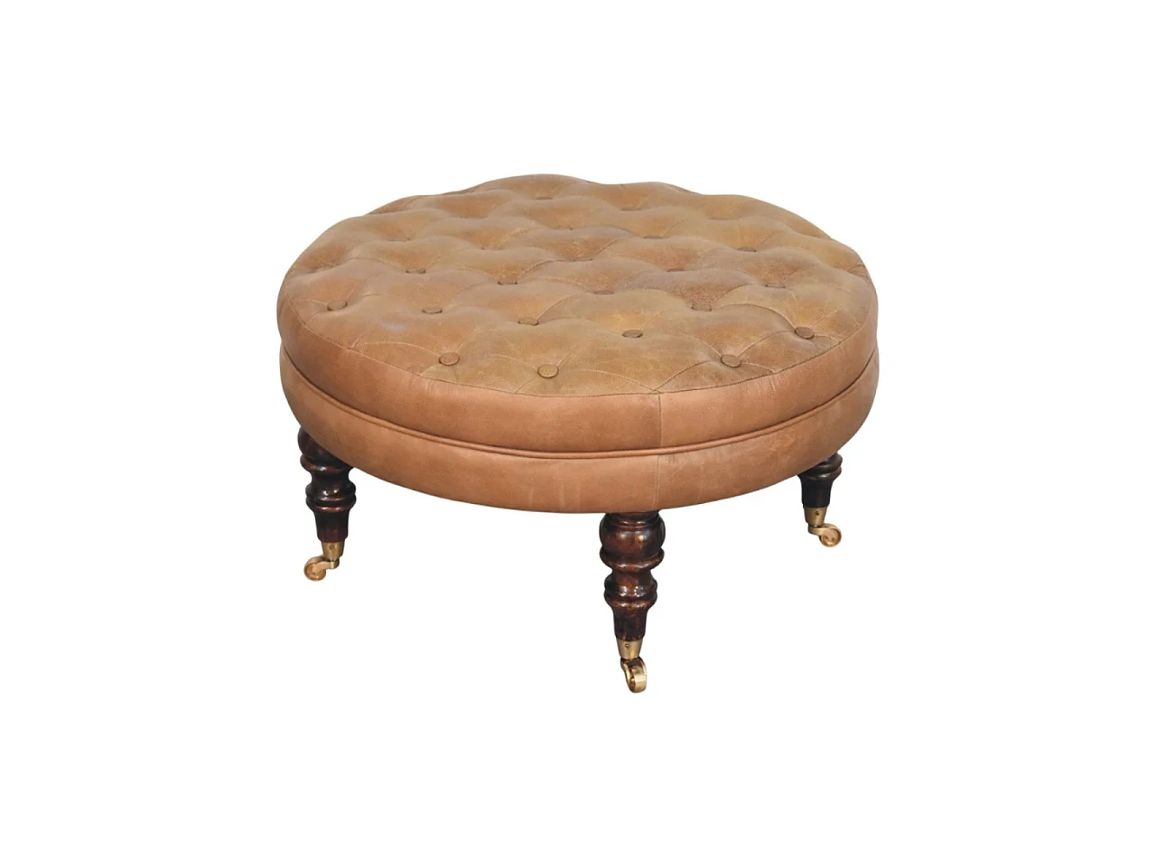 Artisan Furniture Solid Wood Brown Buffalo Leather Round Ottoman with Castor Legs, Upholstered, Brown