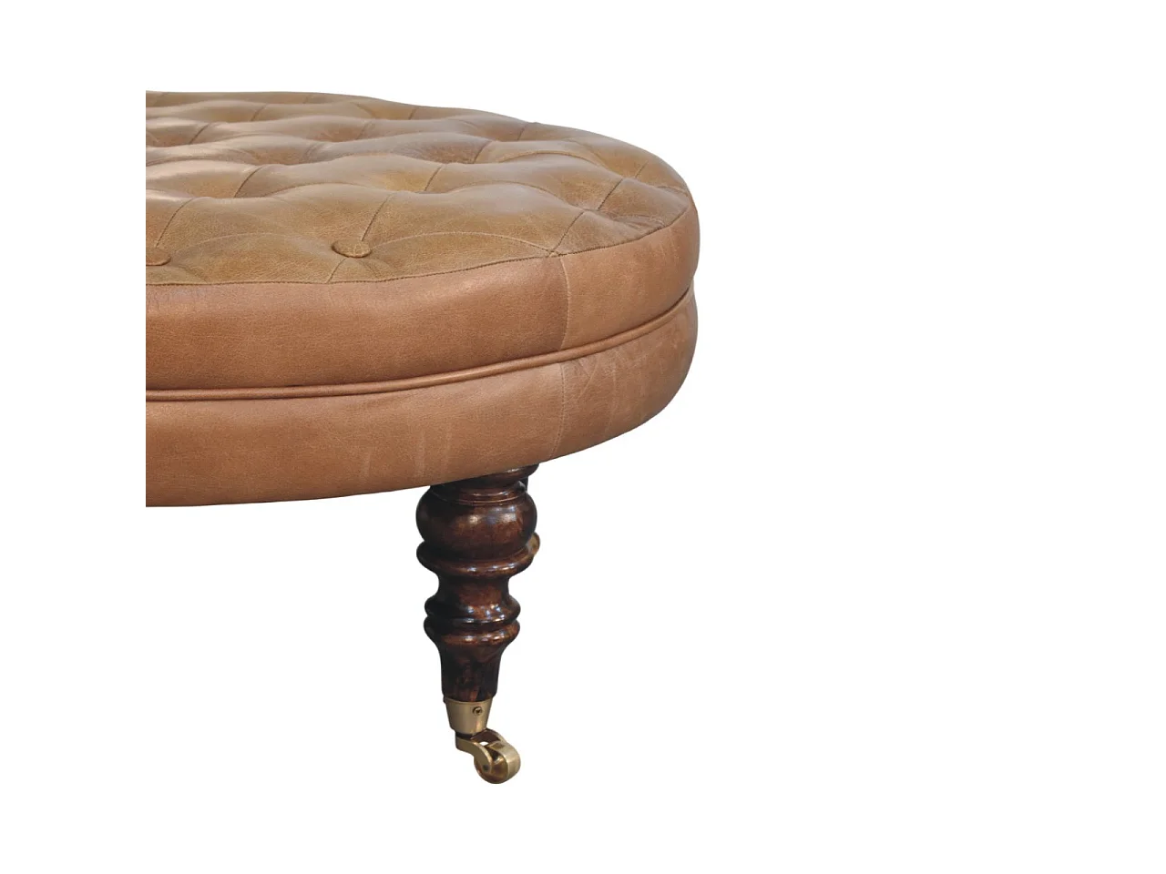Artisan Furniture Solid Wood Brown Buffalo Leather Round Ottoman with Castor Legs, Upholstered, Brown