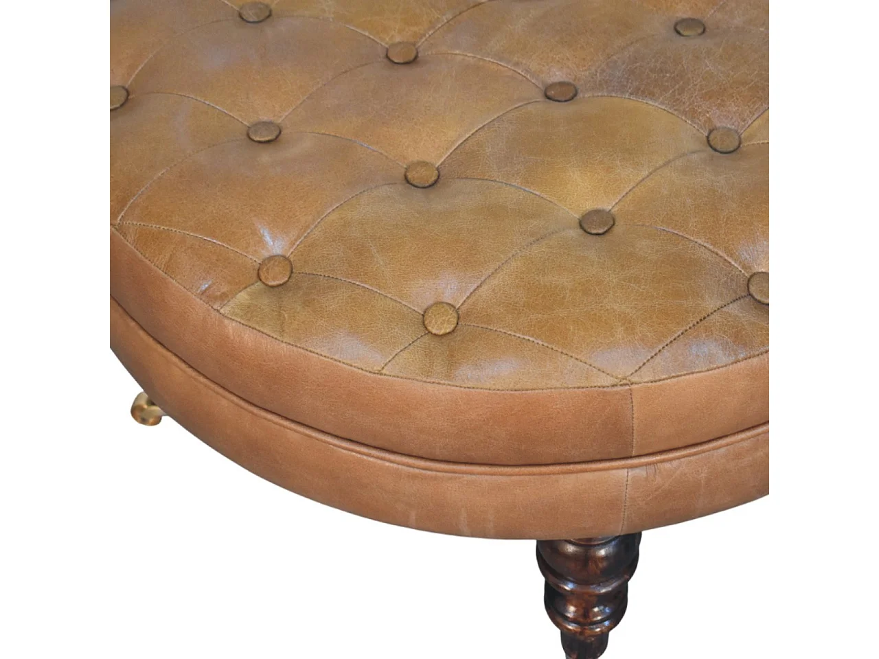 Artisan Furniture Solid Wood Brown Buffalo Leather Round Ottoman with Castor Legs, Upholstered, Brown