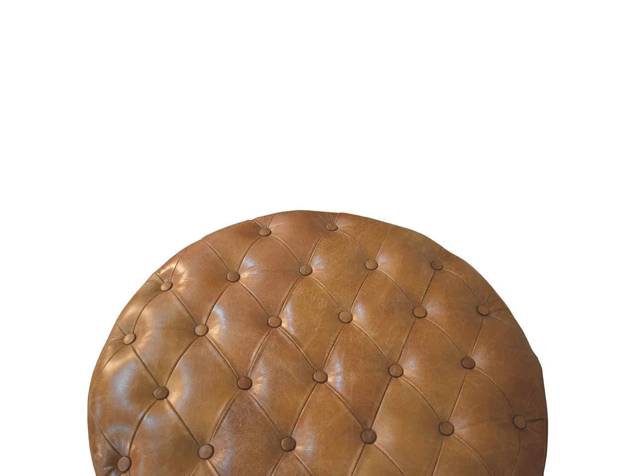 Artisan Furniture Solid Wood Brown Buffalo Leather Round Ottoman with Castor Legs, Upholstered, Brown