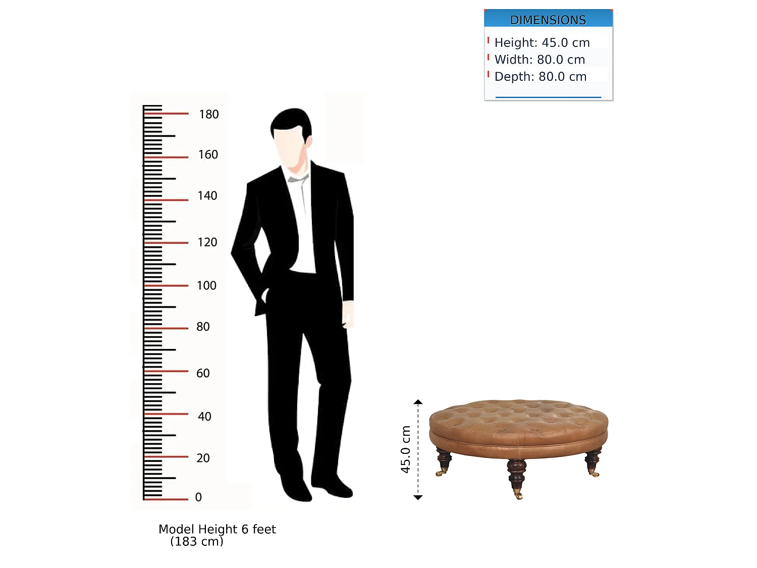 Artisan Furniture Solid Wood Brown Buffalo Leather Round Ottoman with Castor Legs, Upholstered, Brown