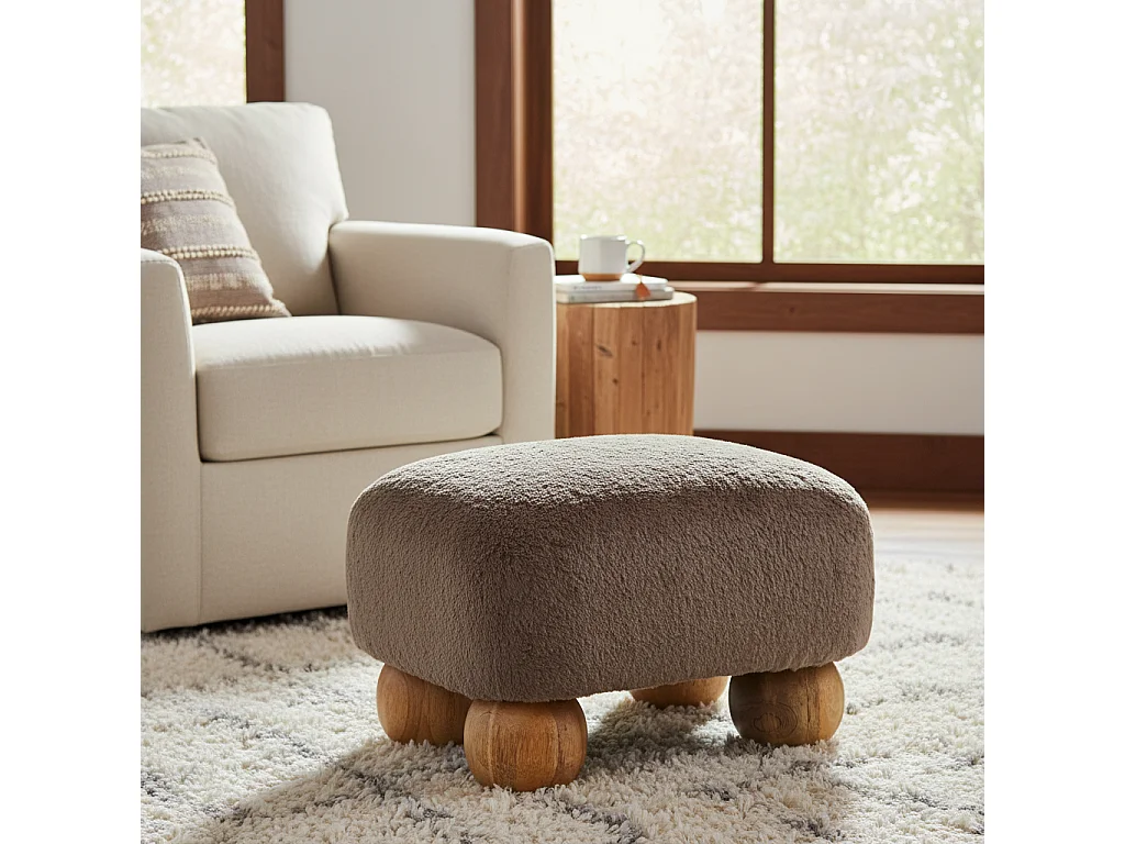 Artisan Furniture Solid Wood Mocha Faux Fur Nordic Footstool, Upholstered, Brown