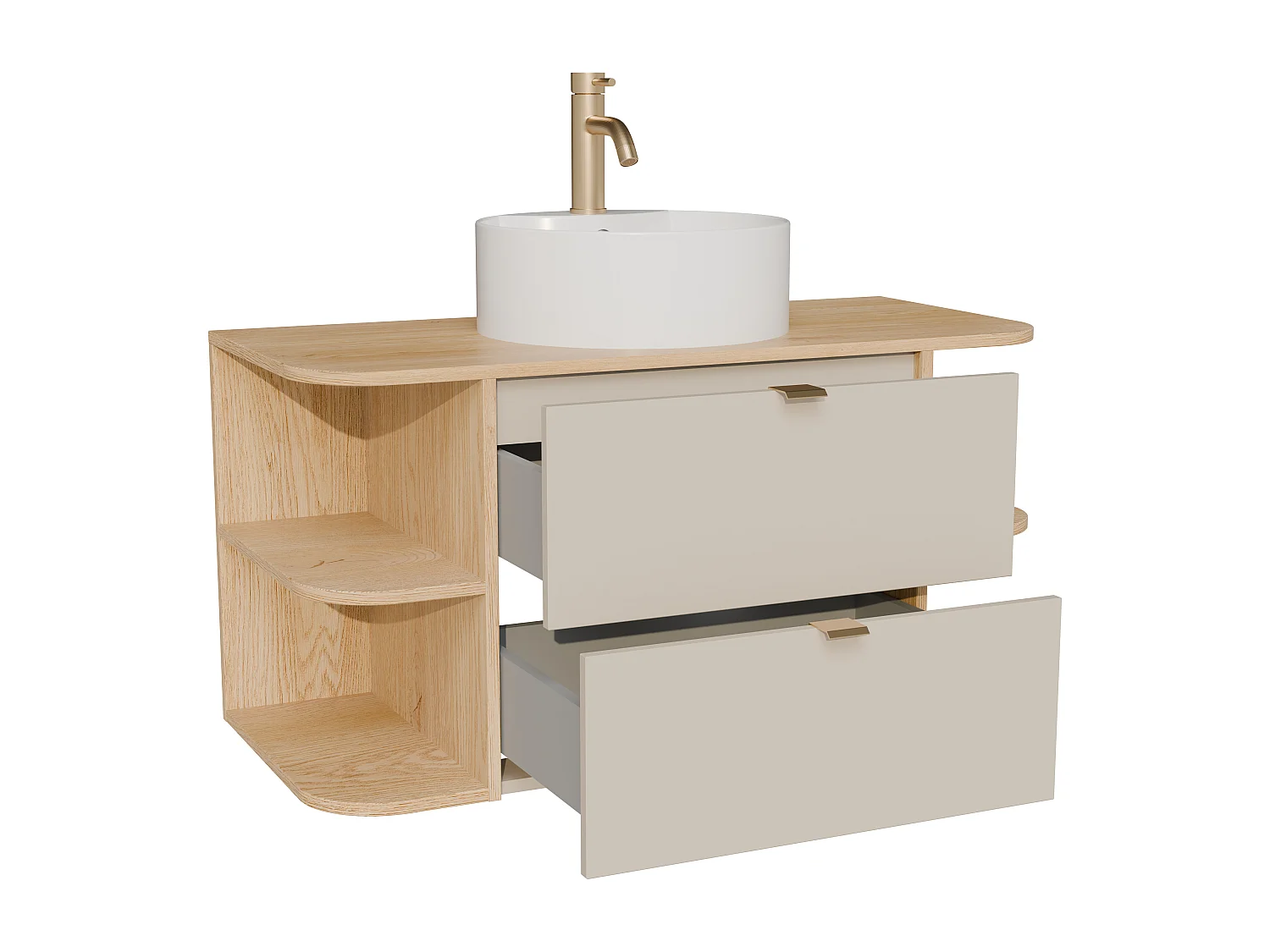 Meuble de salle de bain suspendu avec niches, vasque à poser ronde et robinet - Beige et naturel clair - 100 cm - LAVENA