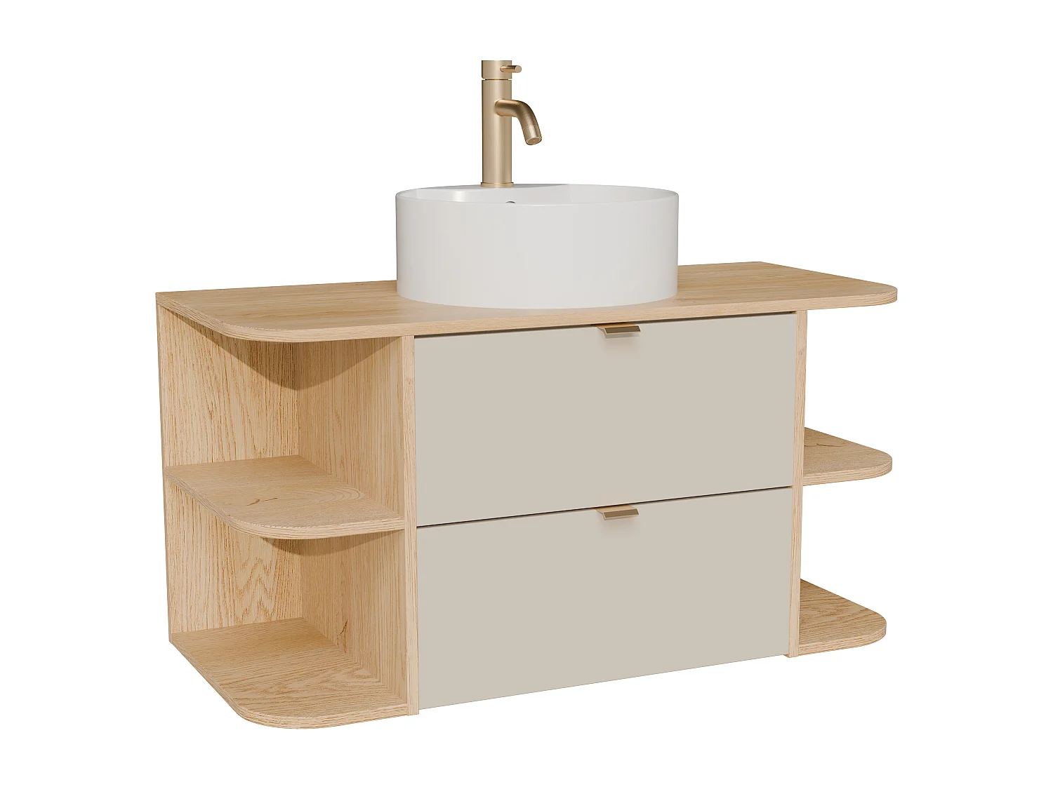 Meuble de salle de bain suspendu avec niches, vasque à poser ronde et robinet - Beige et naturel clair - 100 cm - LAVENA