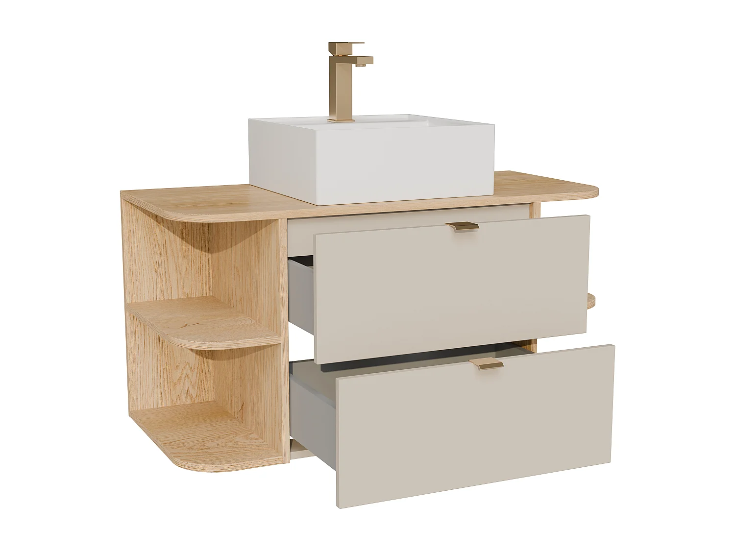 Meuble de salle de bain suspendu avec niches, vasque à poser carrée et robinet - Beige et naturel clair - 100 cm - LAVENA