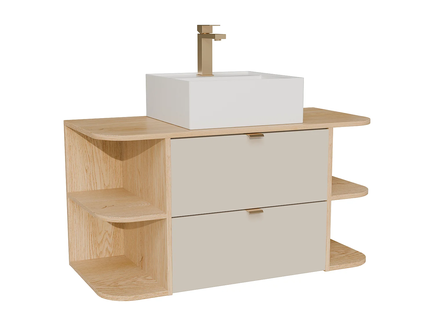 Meuble de salle de bain suspendu avec niches, vasque à poser carrée et robinet - Beige et naturel clair - 100 cm - LAVENA