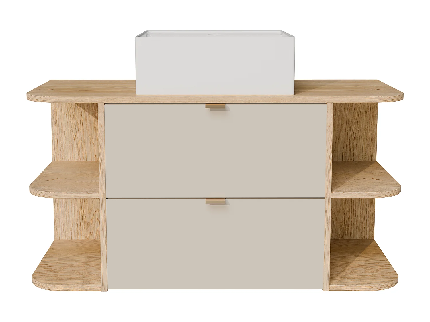 Meuble de salle de bain suspendu avec niches et vasque à poser carrée - Beige et naturel clair - 100 cm - LAVENA