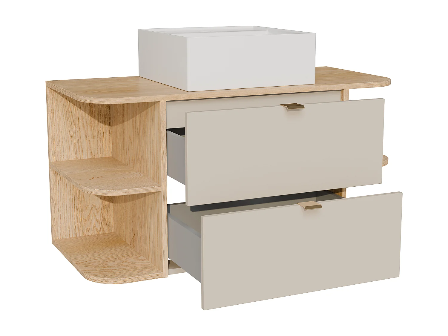 Meuble de salle de bain suspendu avec niches et vasque à poser carrée - Beige et naturel clair - 100 cm - LAVENA