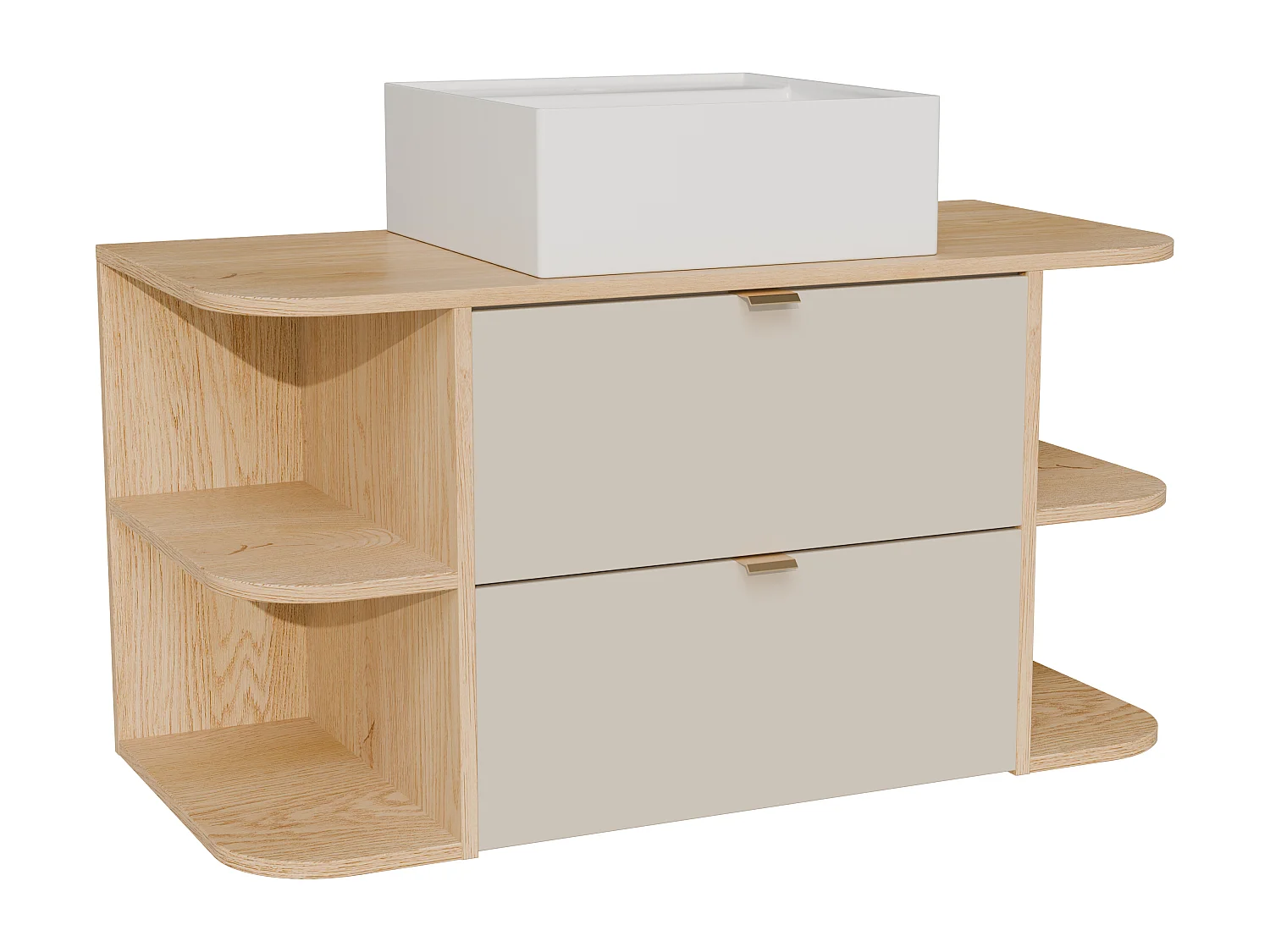 Meuble de salle de bain suspendu avec niches et vasque à poser carrée - Beige et naturel clair - 100 cm - LAVENA