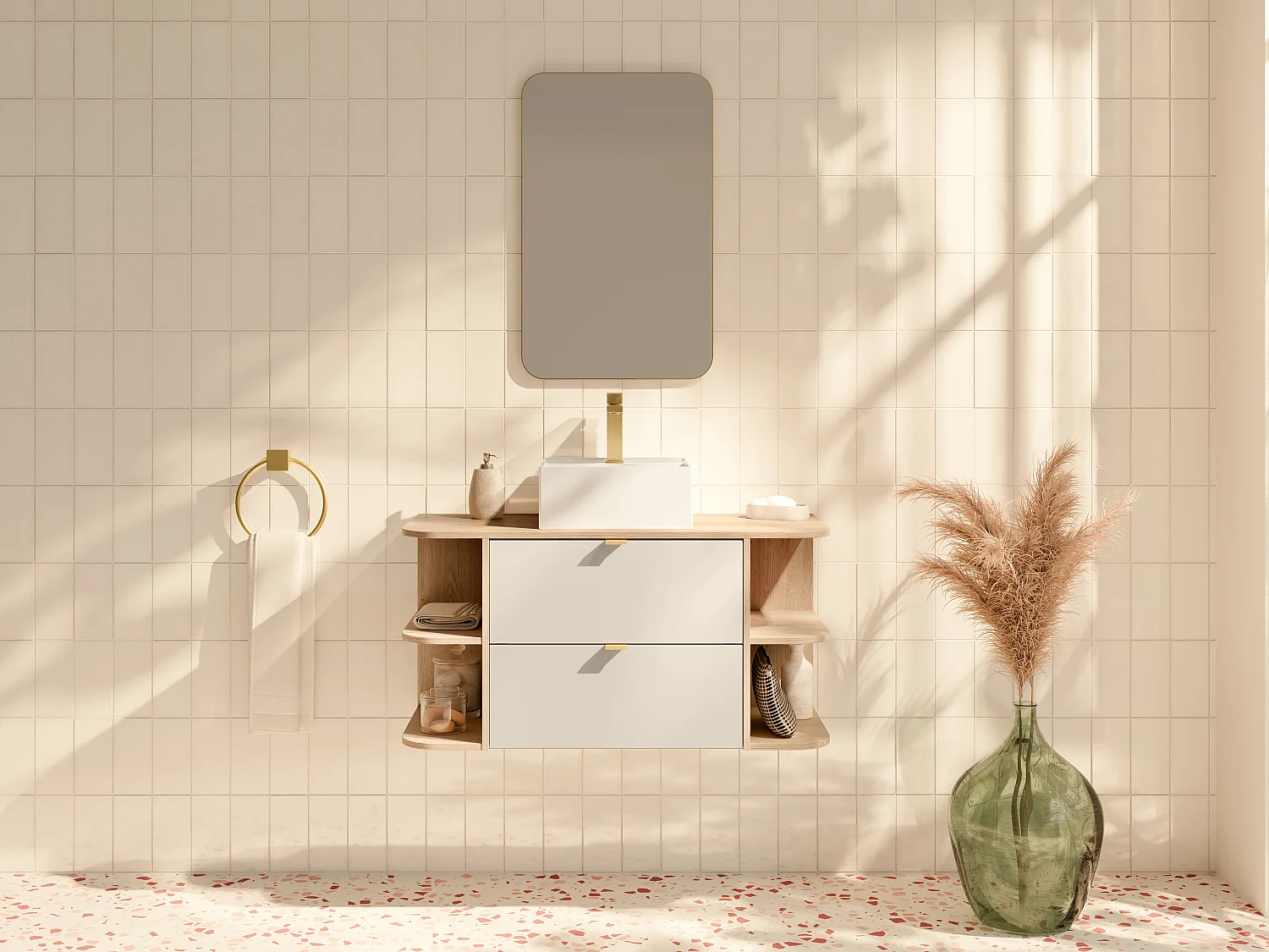 Meuble de salle de bain suspendu avec niches et vasque à poser carrée - Beige et naturel clair - 100 cm - LAVENA