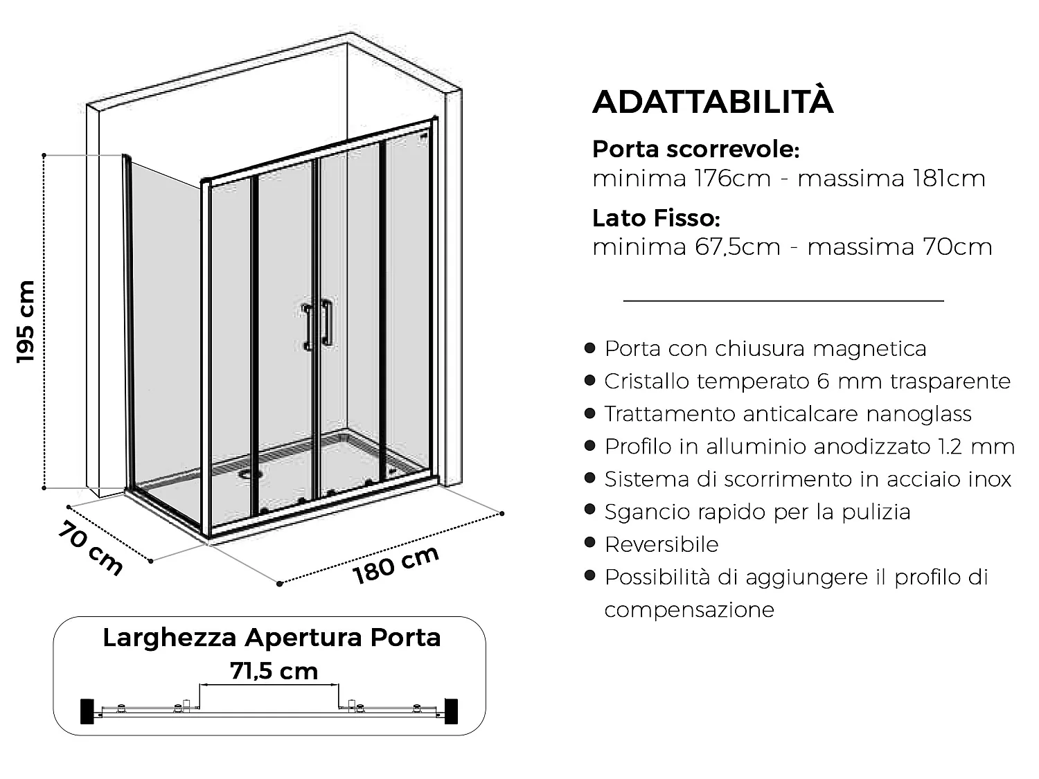 Mampara de ducha GAIA Cromada, 2 lados, 70x180 cm, fija, puerta corredera, apertura centra