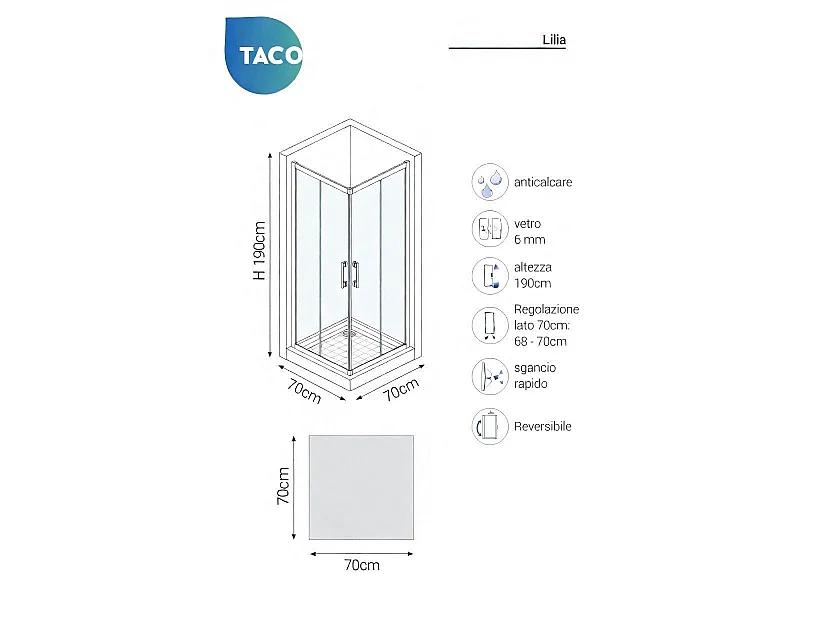 Box doccia angolare 70x70 cm con ante scorrevoli in cristallo temperato 6mm H 190cm LILIA