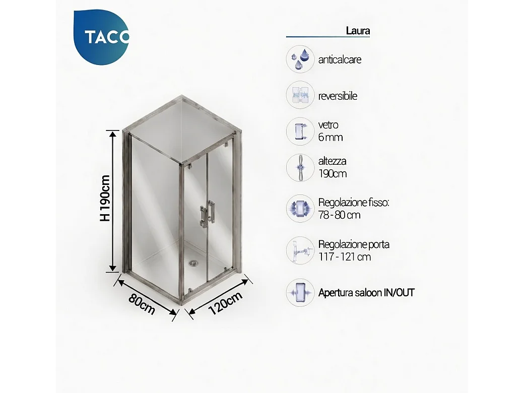 Box Doccia 2 lati 80x120 cm fisso + due battenti h190cm LAURA - Cromato Lucido