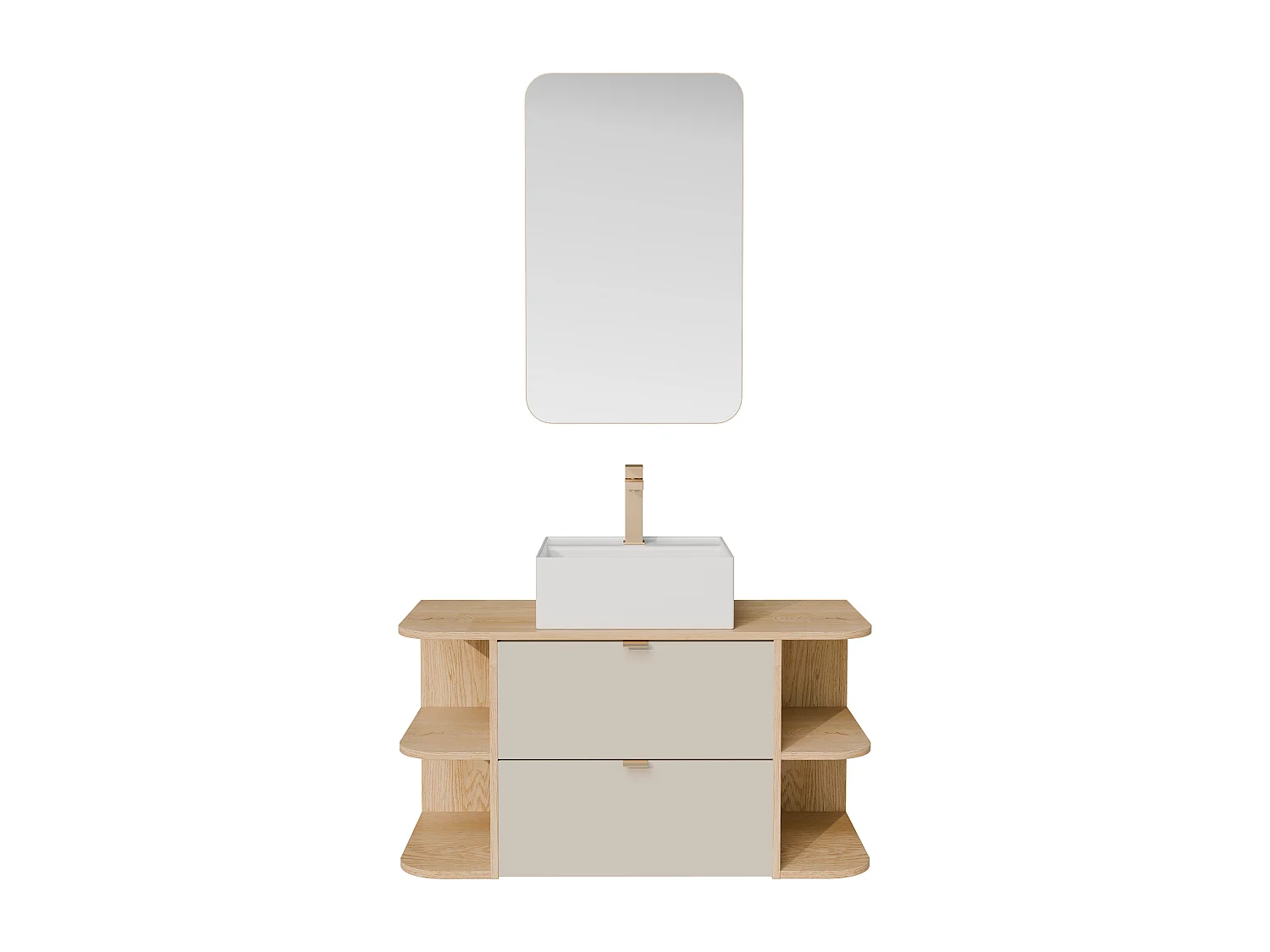 Meuble de salle de bain suspendu avec niches, vasque à poser carrée, robinet et miroir - Beige et naturel clair - 100 cm - LAVENA