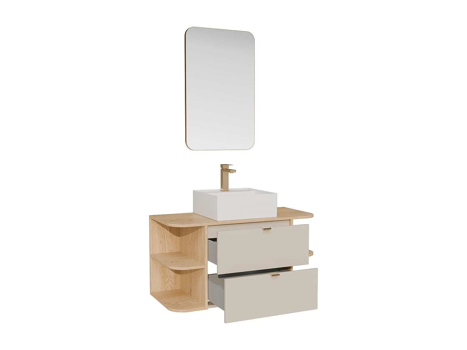 Meuble de salle de bain suspendu avec niches, vasque à poser carrée, robinet et miroir - Beige et naturel clair - 100 cm - LAVENA
