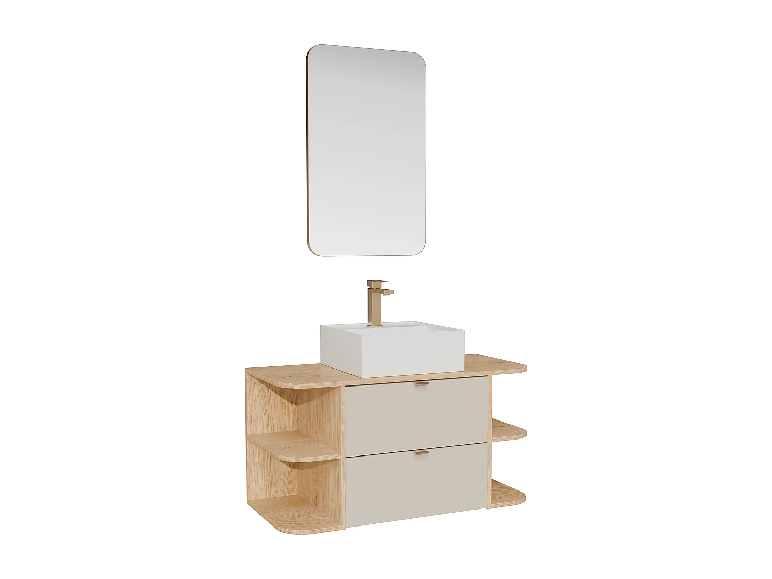 Meuble de salle de bain suspendu avec niches, vasque à poser carrée, robinet et miroir - Beige et naturel clair - 100 cm - LAVENA
