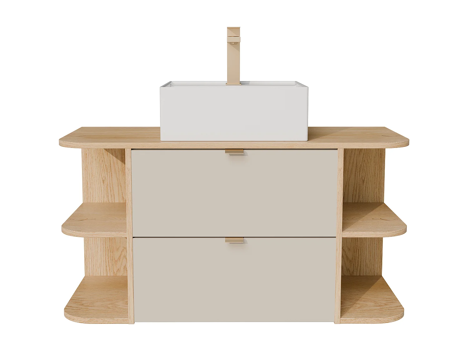 Meuble de salle de bain suspendu avec niches, vasque à poser carrée, robinet et miroir - Beige et naturel clair - 100 cm - LAVENA