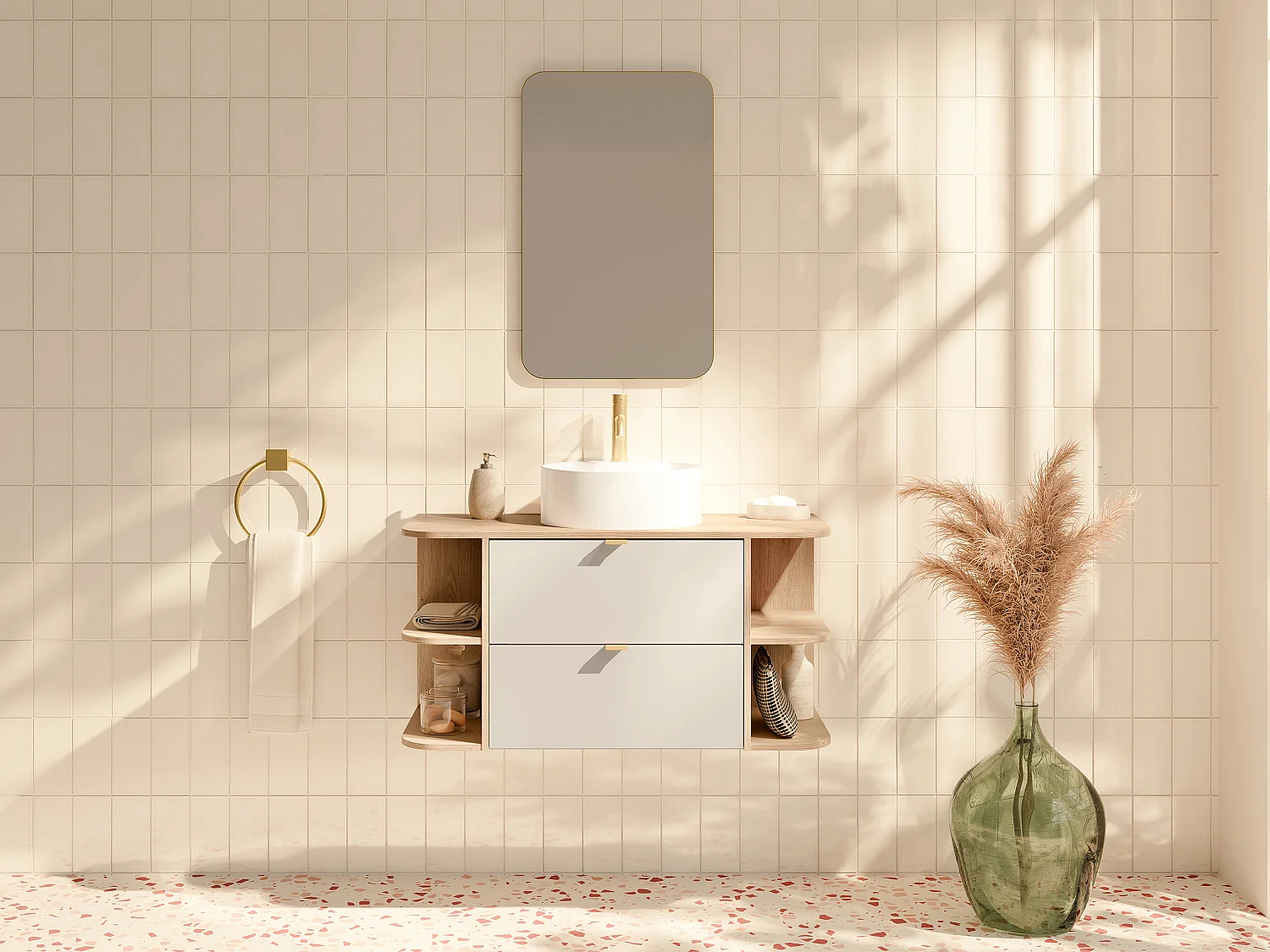 Meuble de salle de bain suspendu avec niches, vasque à poser ronde, robinet et miroir - Beige et naturel clair - 100 cm - LAVENA