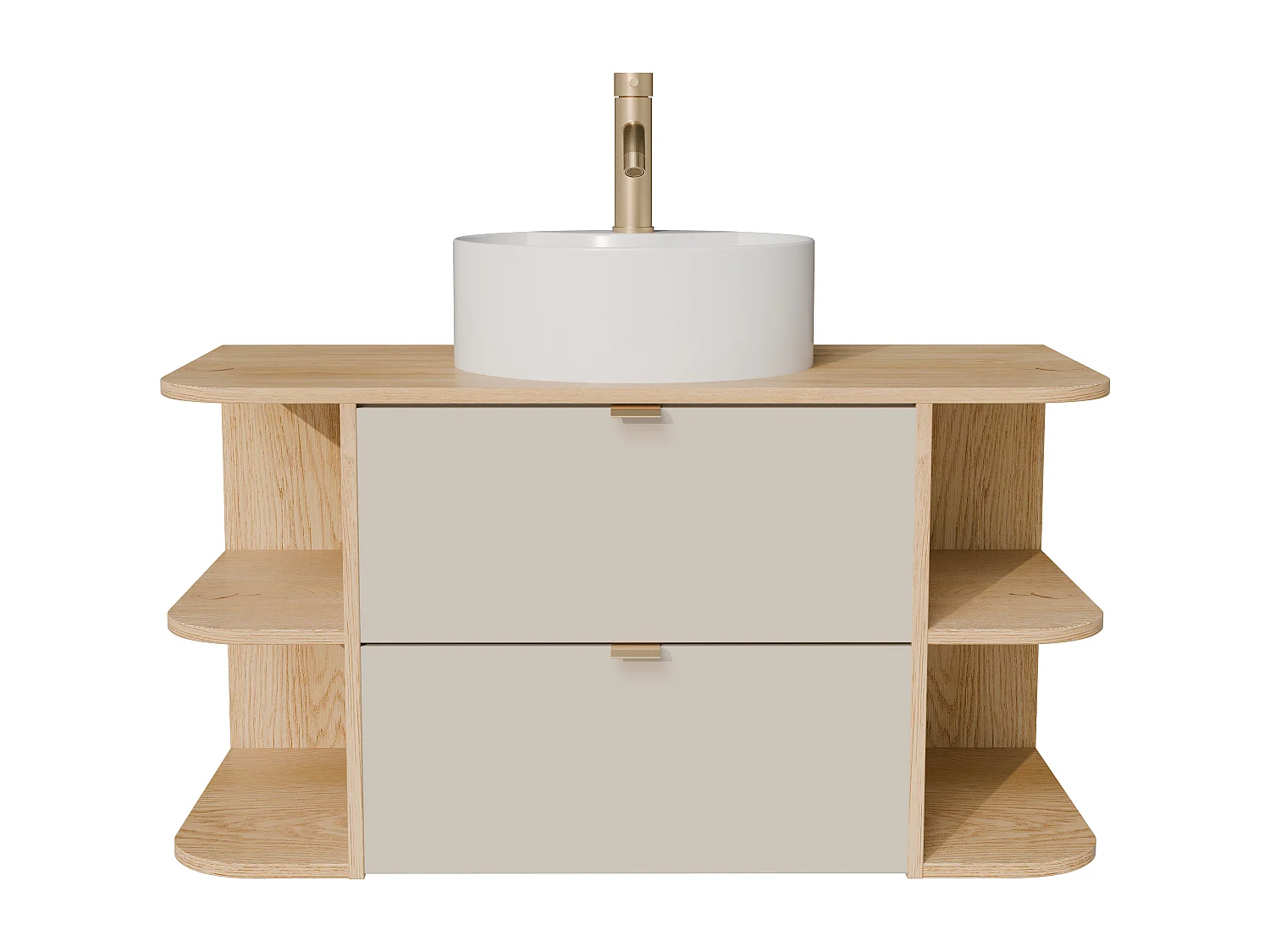 Meuble de salle de bain suspendu avec niches, vasque à poser ronde, robinet et miroir - Beige et naturel clair - 100 cm - LAVENA