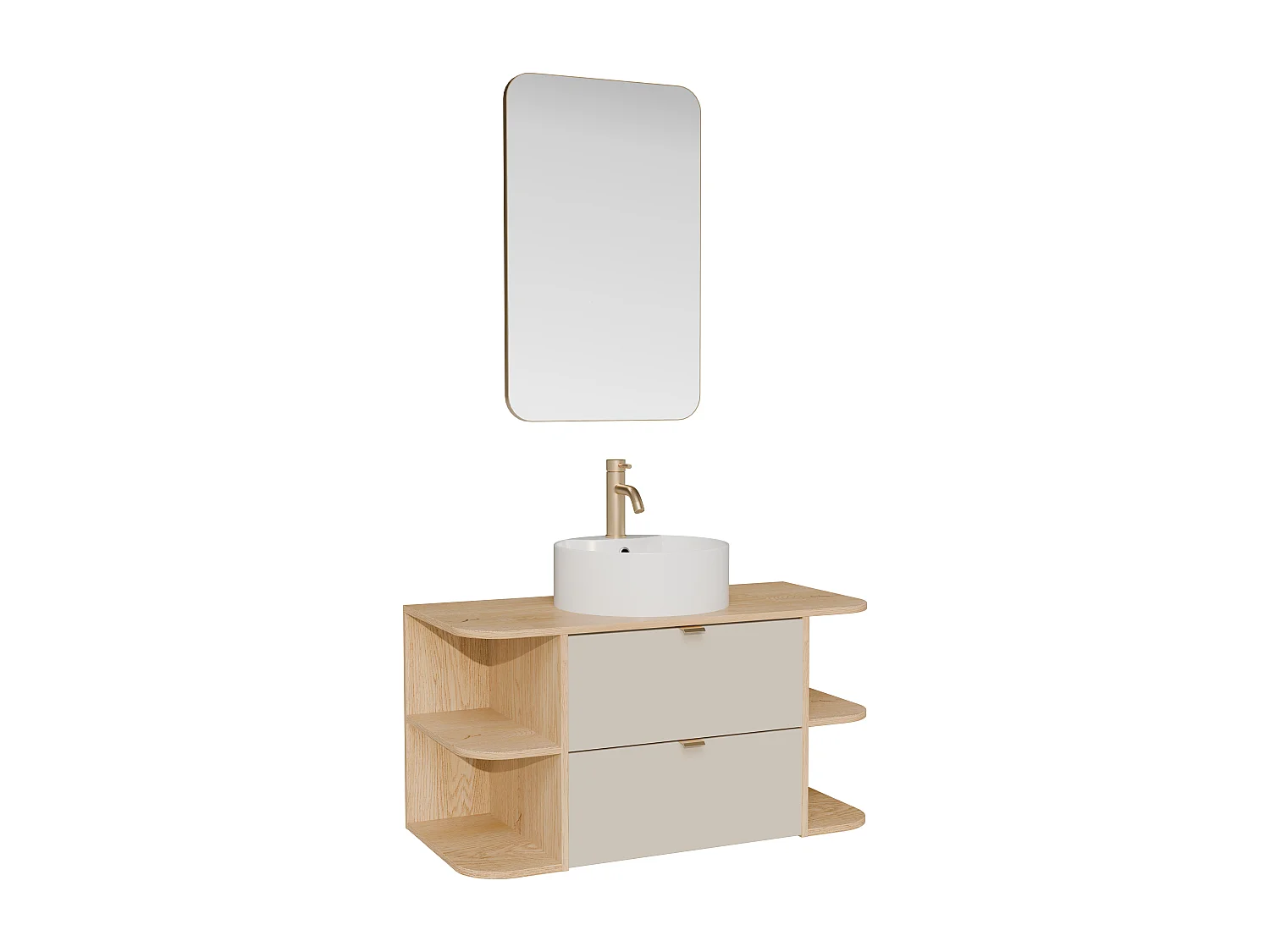 Meuble de salle de bain suspendu avec niches, vasque à poser ronde, robinet et miroir - Beige et naturel clair - 100 cm - LAVENA