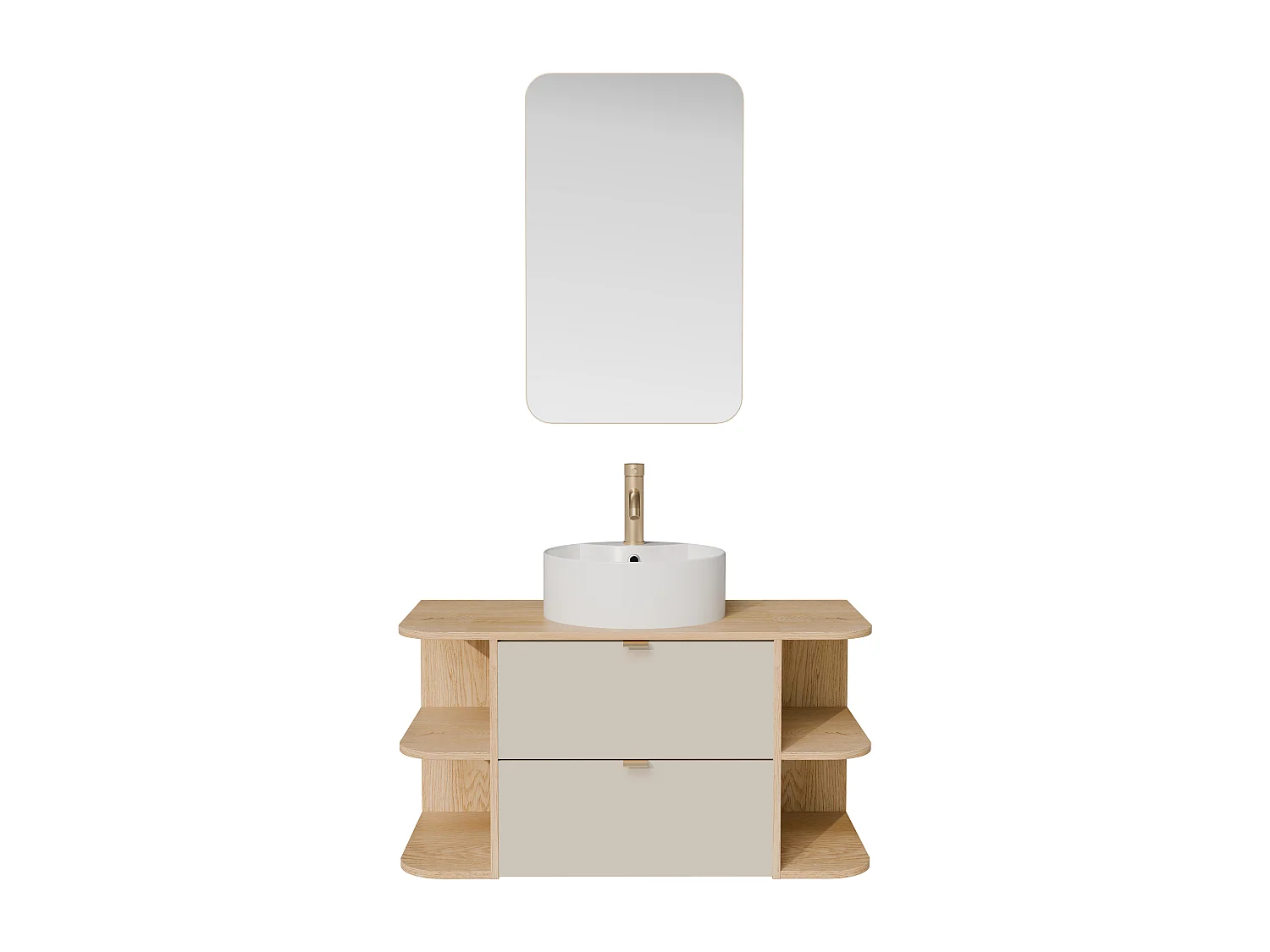 Meuble de salle de bain suspendu avec niches, vasque à poser ronde, robinet et miroir - Beige et naturel clair - 100 cm - LAVENA