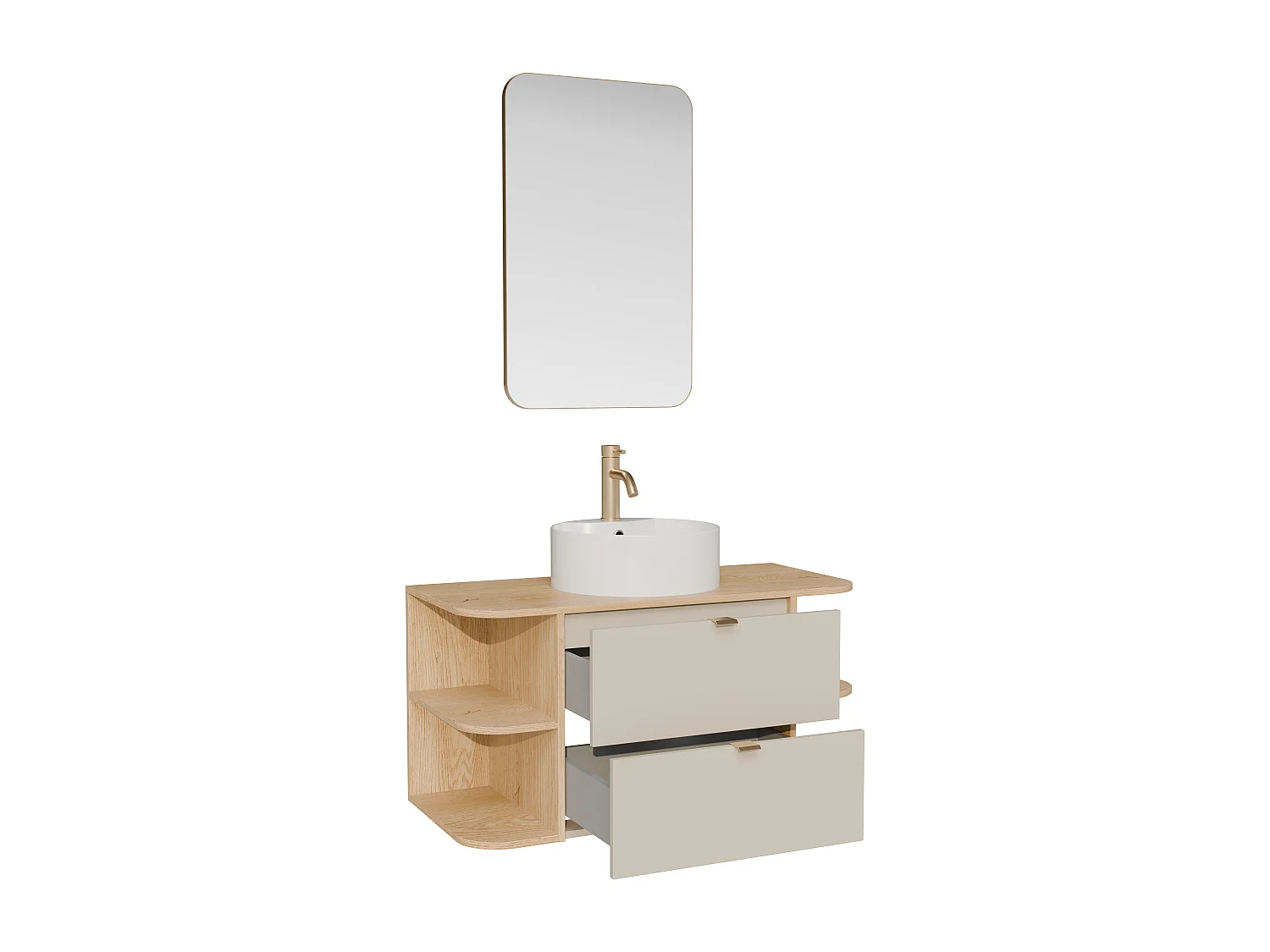Meuble de salle de bain suspendu avec niches, vasque à poser ronde, robinet et miroir - Beige et naturel clair - 100 cm - LAVENA