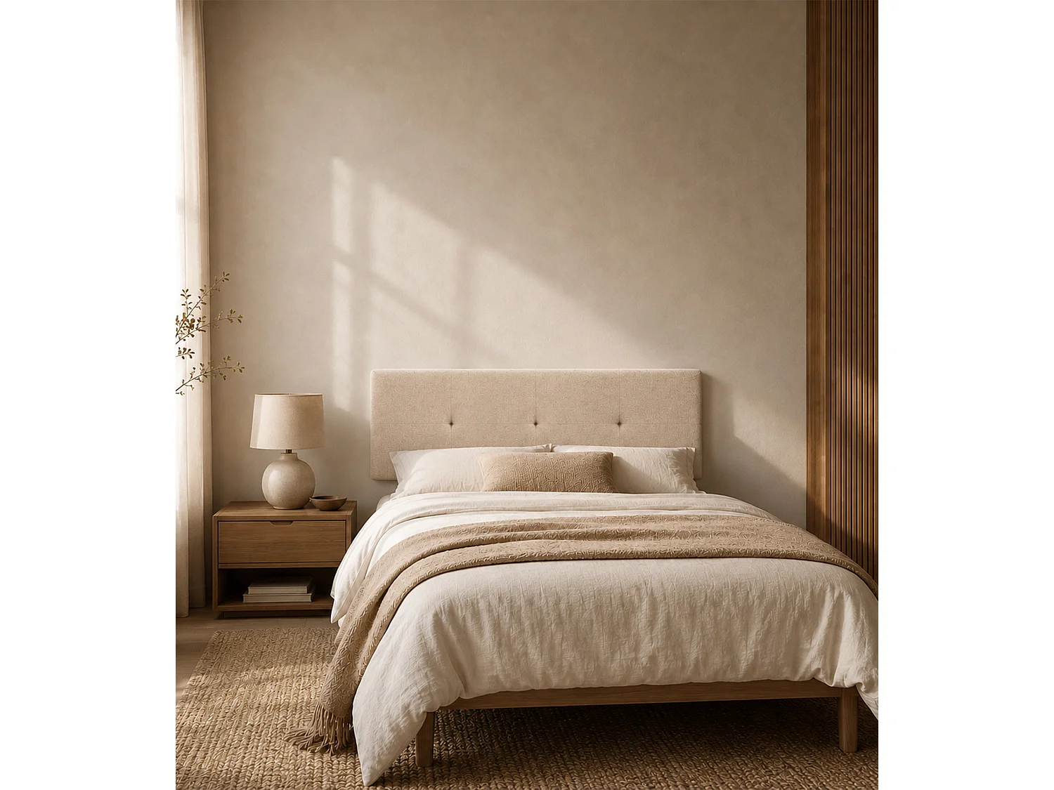 Cabecero de cama de 50x105x4 cm de plancha de madera y en tela en color beige Jensen
