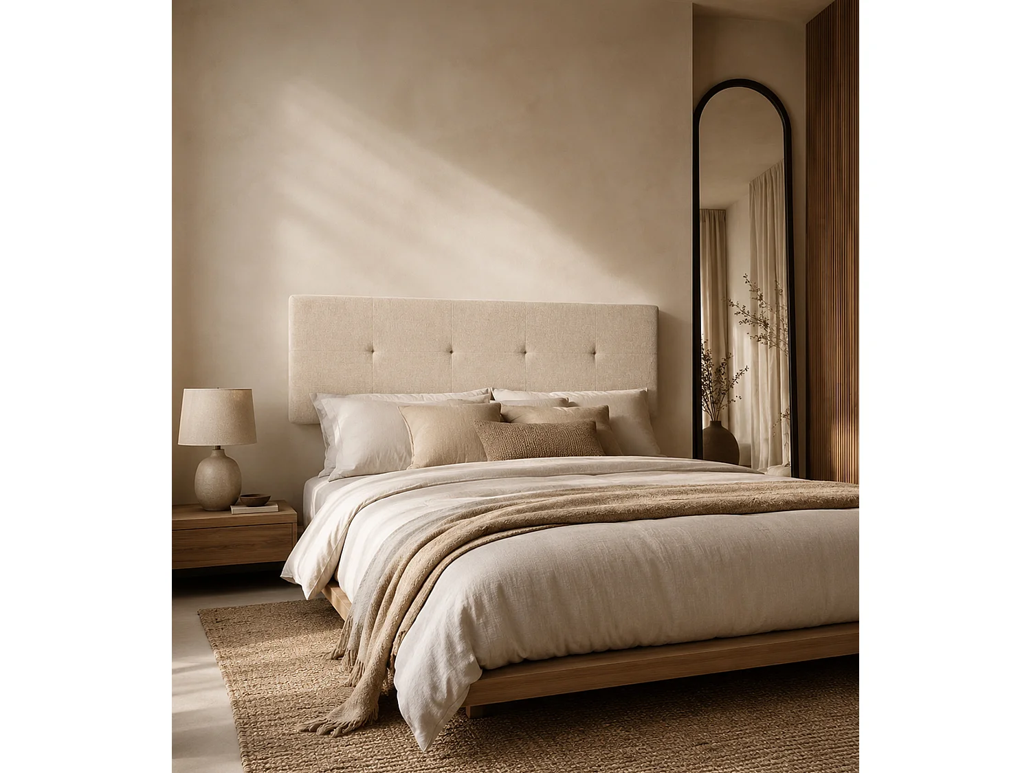 Cabecero de cama de 50x150x4 cm de plancha de madera y en tela en color beige Jensen