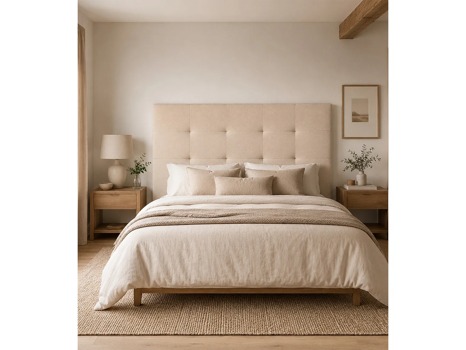 Cabecero de cama de 117x150x7 cm de plancha de madera y en tela en color beige Olson