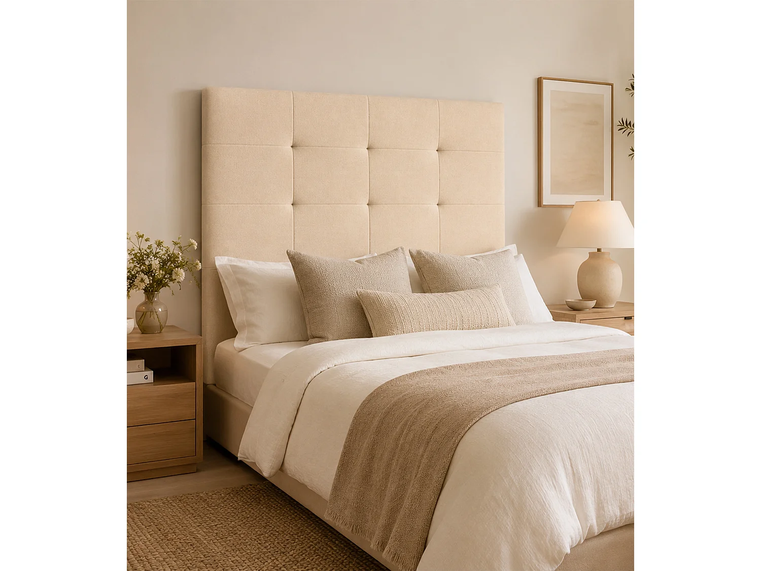 Cabecero de cama de 115x105x7 cm de plancha de madera y en tela en color beige Olson