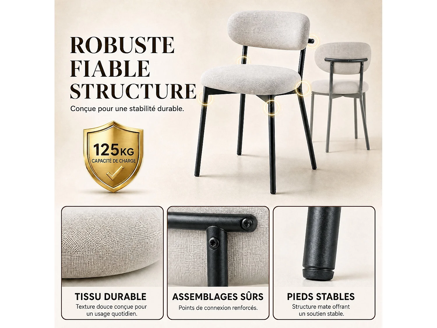 Lot de 4 chaises de salle à manger avec dossier et pieds en métal – Chaises modernes rembourrées en tissu pour cuisine, salle à manger ou salon，beige