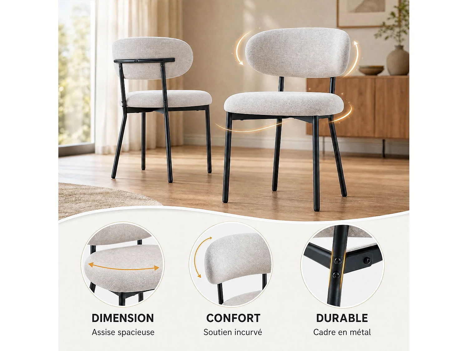 Lot de 4 chaises de salle à manger avec dossier et pieds en métal – Chaises modernes rembourrées en tissu pour cuisine, salle à manger ou salon，beige