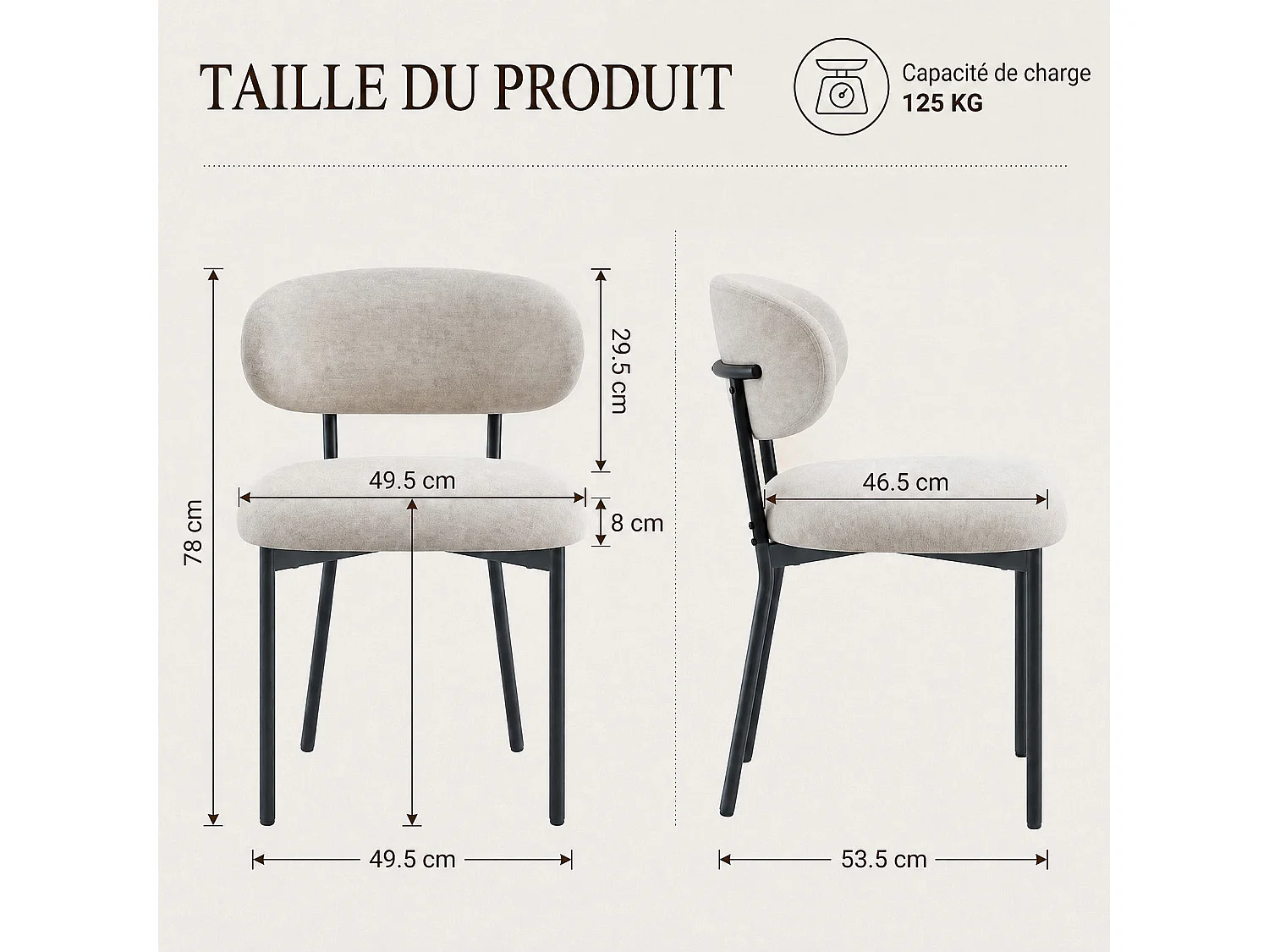 Lot de 4 chaises de salle à manger avec dossier et pieds en métal – Chaises modernes rembourrées en tissu pour cuisine, salle à manger ou salon，beige