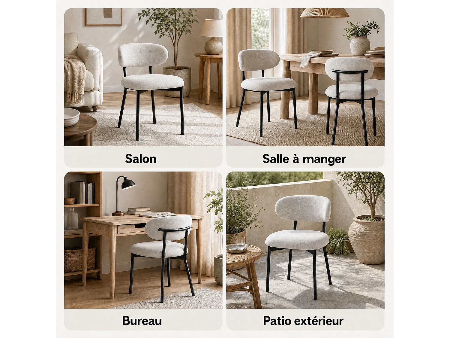 Lot de 4 chaises de salle à manger avec dossier et pieds en métal – Chaises modernes rembourrées en tissu pour cuisine, salle à manger ou salon，beige