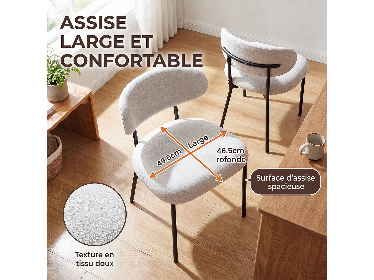 Lot de 2 chaises de salle à manger avec dossier et pieds en métal – Chaises modernes rembourrées en tissu pour cuisine, salle à manger ou salon，beige