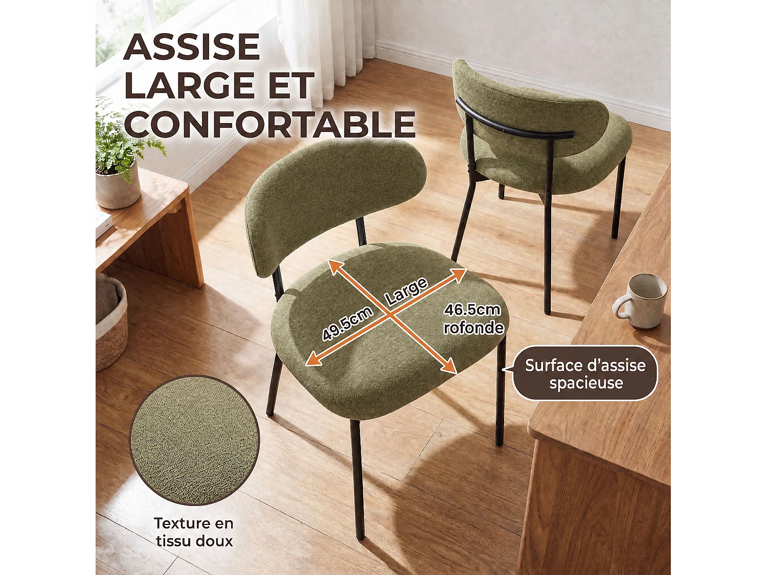 Lot de 4 chaises de salle à manger avec dossier et pieds en métal – Chaises modernes rembourrées en tissu pour cuisine, salle à manger ou salon，vert