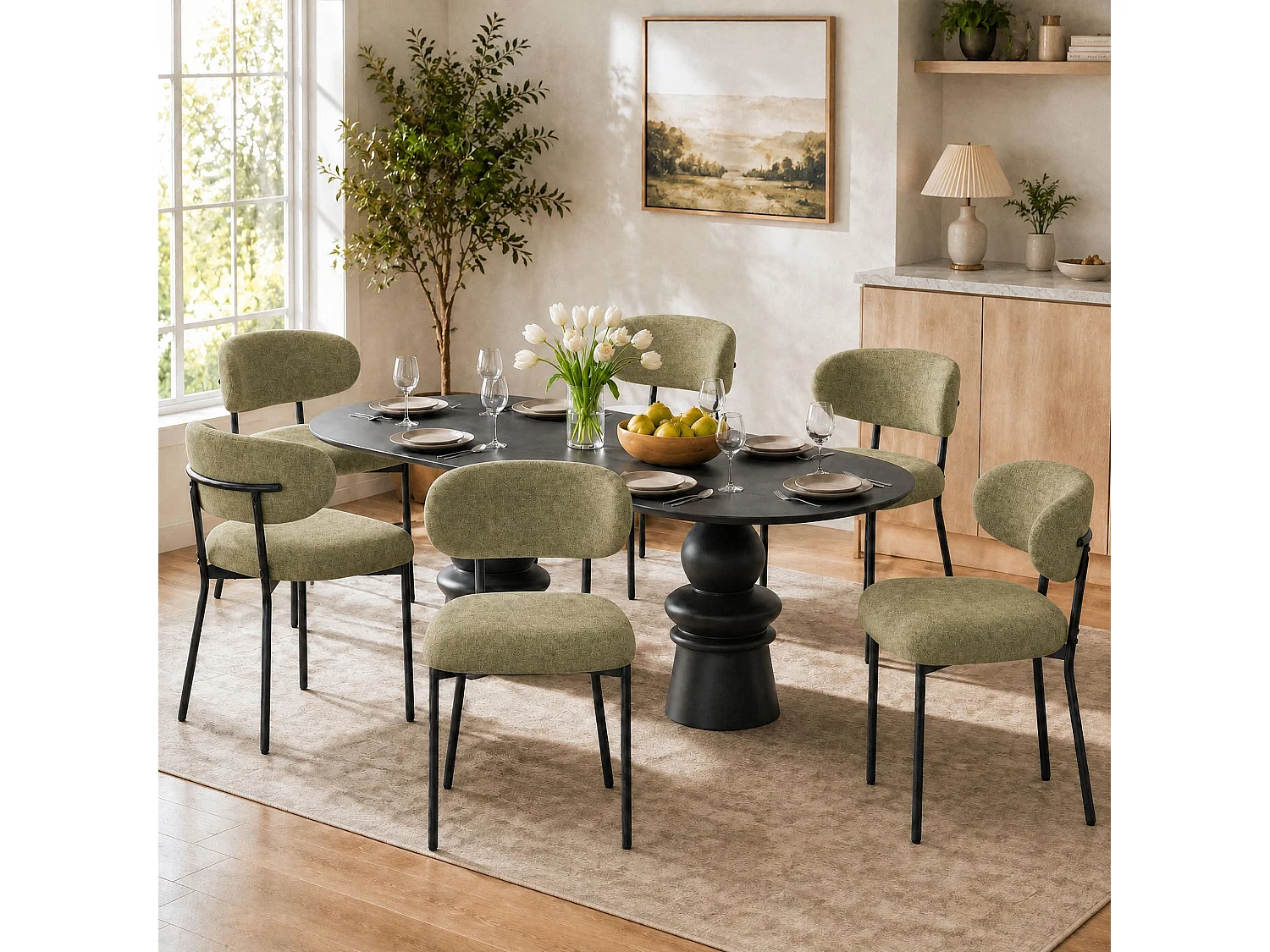 Lot de 4 chaises de salle à manger avec dossier et pieds en métal – Chaises modernes rembourrées en tissu pour cuisine, salle à manger ou salon，vert