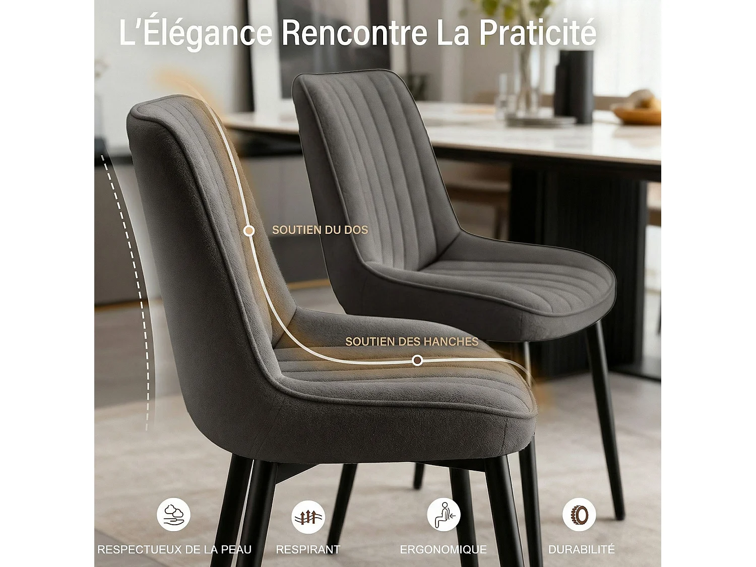 Lot de 2 chaises de salle à manger,Assise généreusement rembourrée et dossier ergonomique pour un confort durable au quotidien,gris