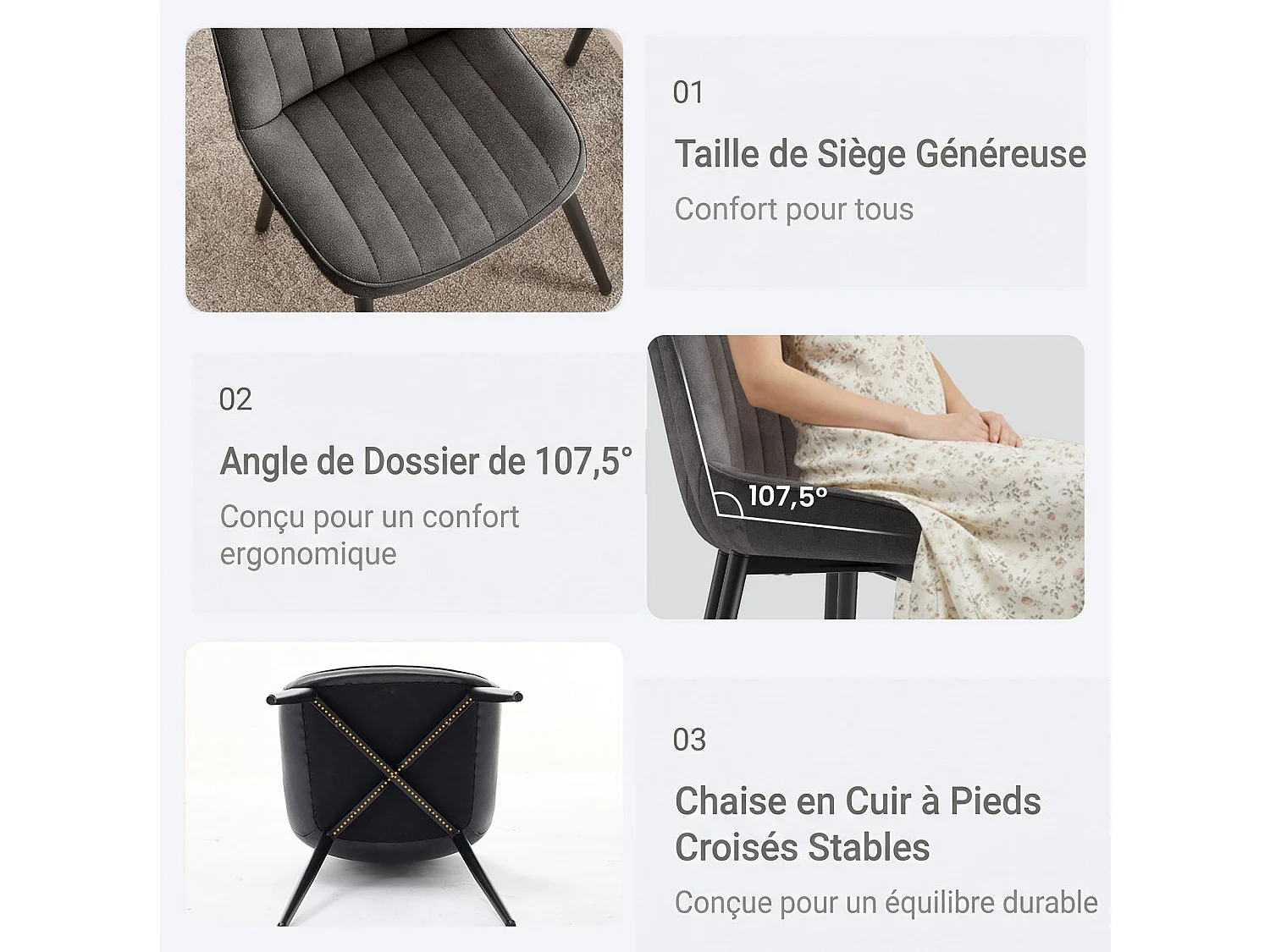 Lot de 2 chaises de salle à manger,Assise généreusement rembourrée et dossier ergonomique pour un confort durable au quotidien,gris