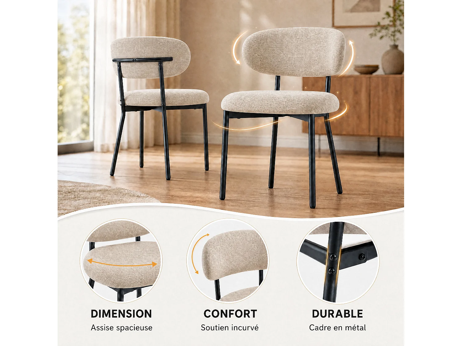 Set di 4 sedie da pranzo con schienale e gambe in metallo – Sedie moderne imbottite in tessuto per cucina, sala da pranzo o soggiorno, marrone