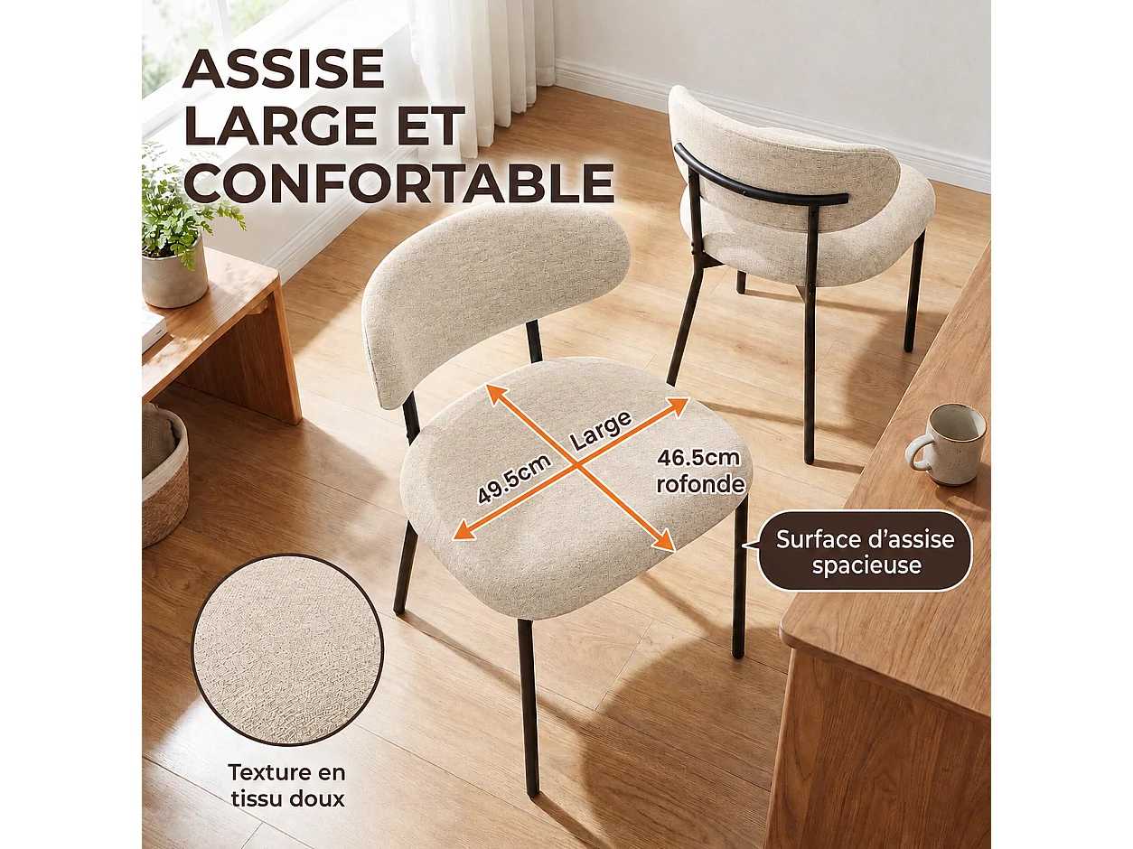 Lot de 4 chaises de salle à manger avec dossier et pieds en métal – Chaises modernes rembourrées en tissu pour cuisine, salle à manger ou salon，marron