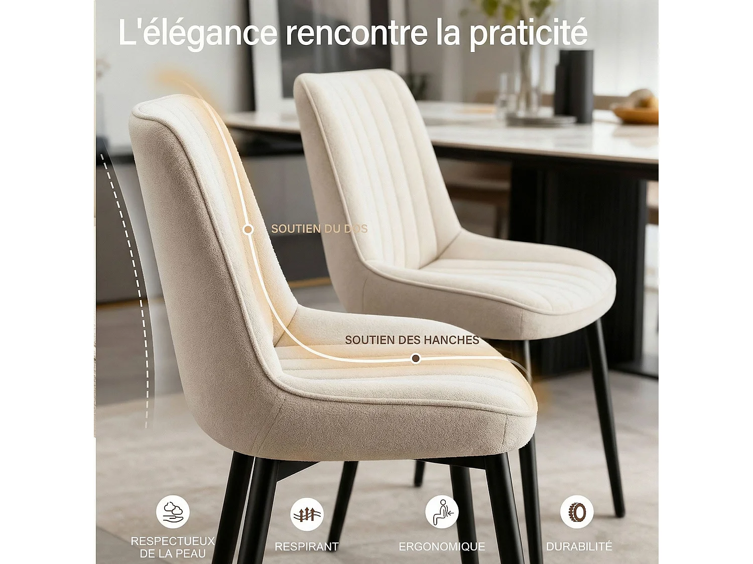 Lot de 2 chaises de salle à manger,Assise généreusement rembourrée et dossier ergonomique pour un confort durable au quotidien,beige