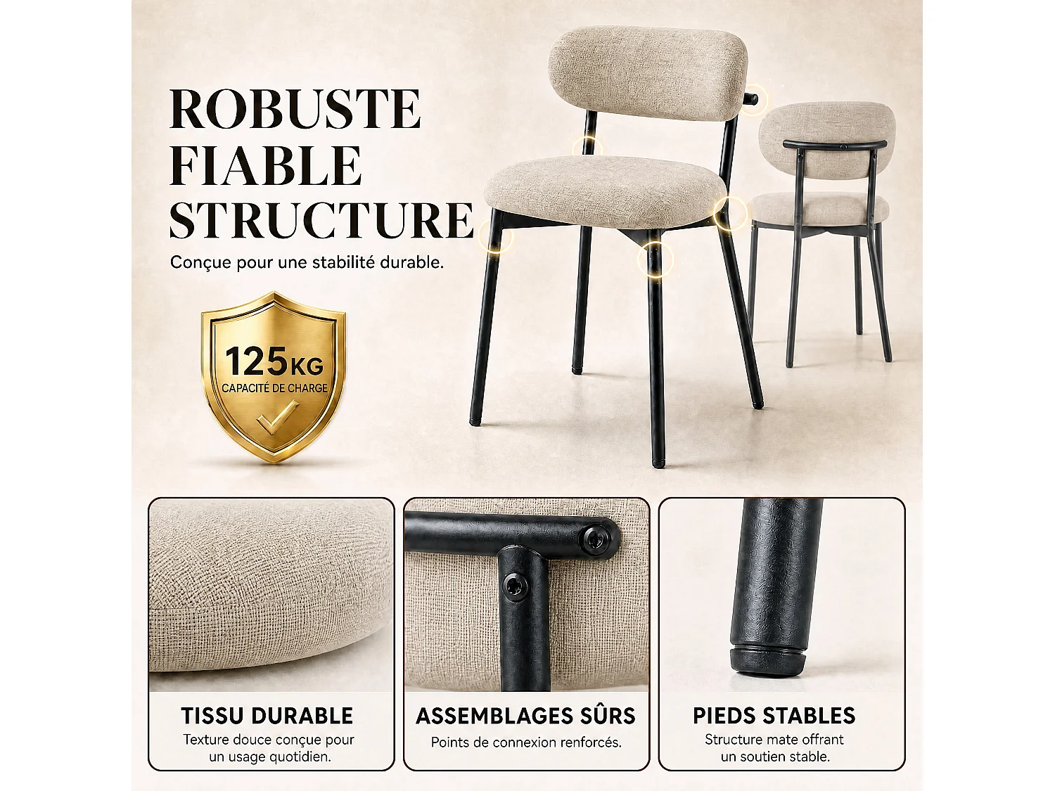 Set di 2 sedie da pranzo con schienale e gambe in metallo – Sedie moderne imbottite in tessuto per cucina, sala da pranzo o soggiorno, marrone