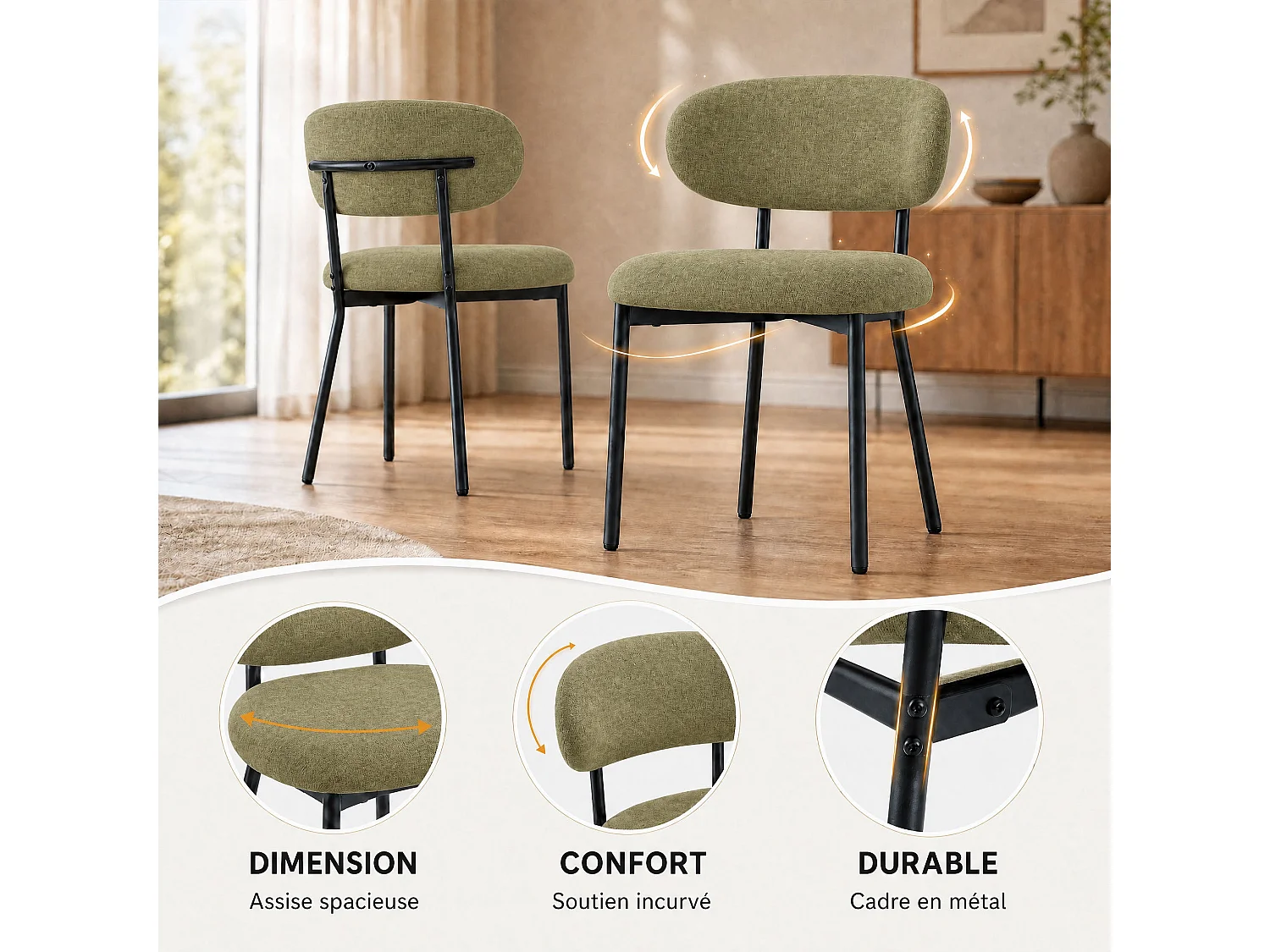 Lot de 2 chaises de salle à manger avec dossier et pieds en métal – Chaises modernes rembourrées en tissu pour cuisine, salle à manger ou salon，vert