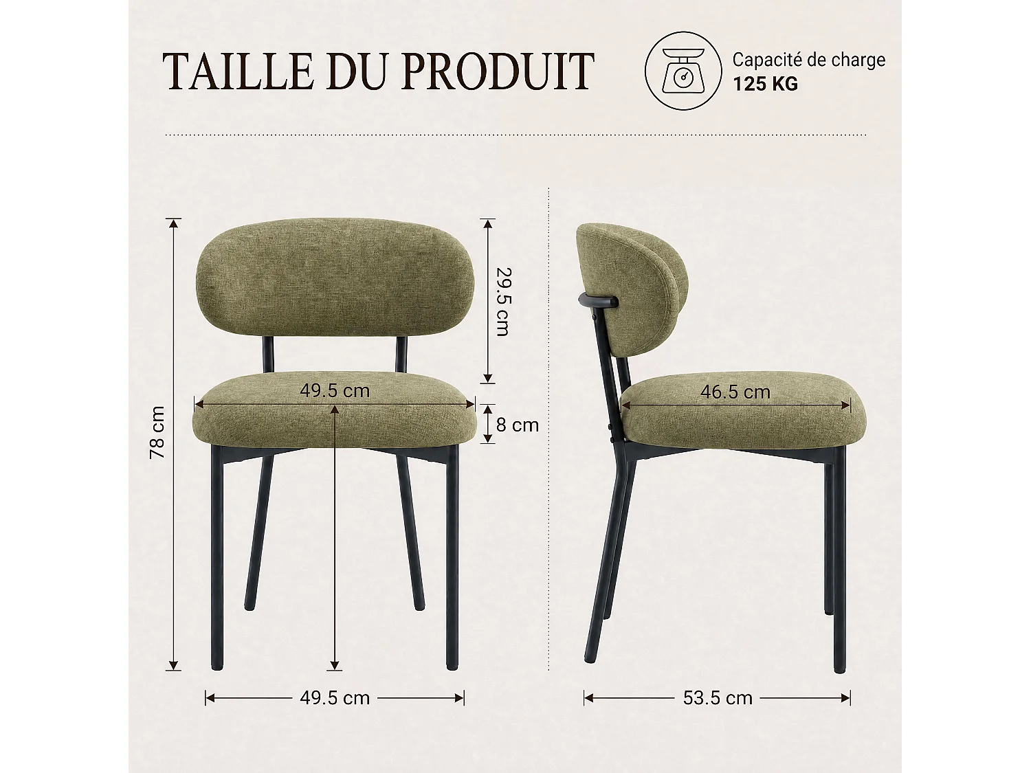 Lot de 2 chaises de salle à manger avec dossier et pieds en métal – Chaises modernes rembourrées en tissu pour cuisine, salle à manger ou salon，vert